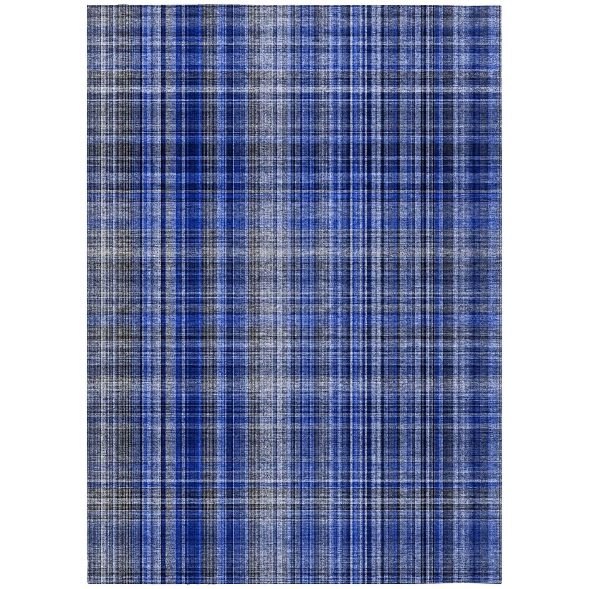 Machine Washable Navy Blue Rug - Indoor / Outdoor - Kids / Pet Friendly Plaid Print Rug