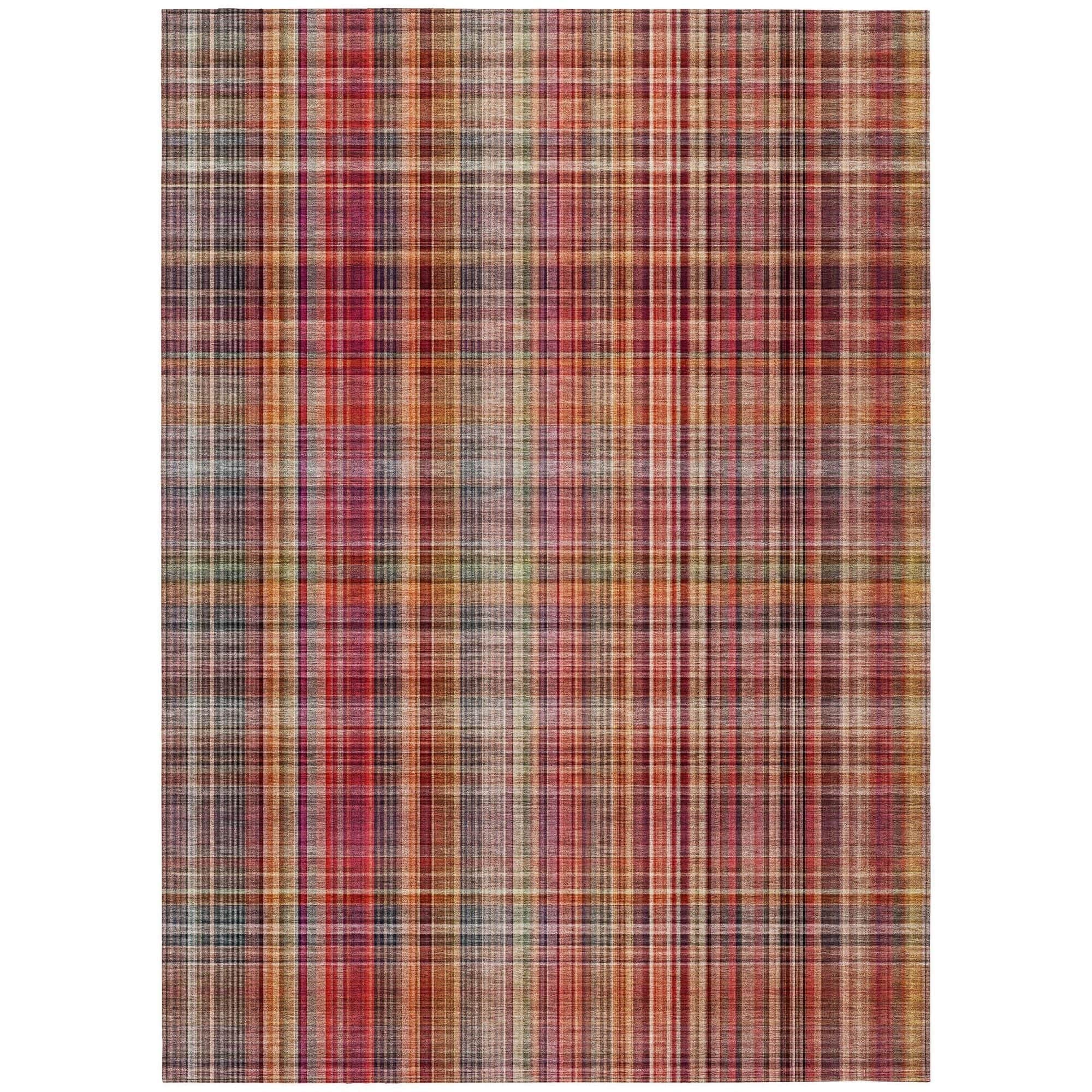 Machine Washable Red Rug - Indoor / Outdoor - Kids / Pet Friendly Plaid Print Rug