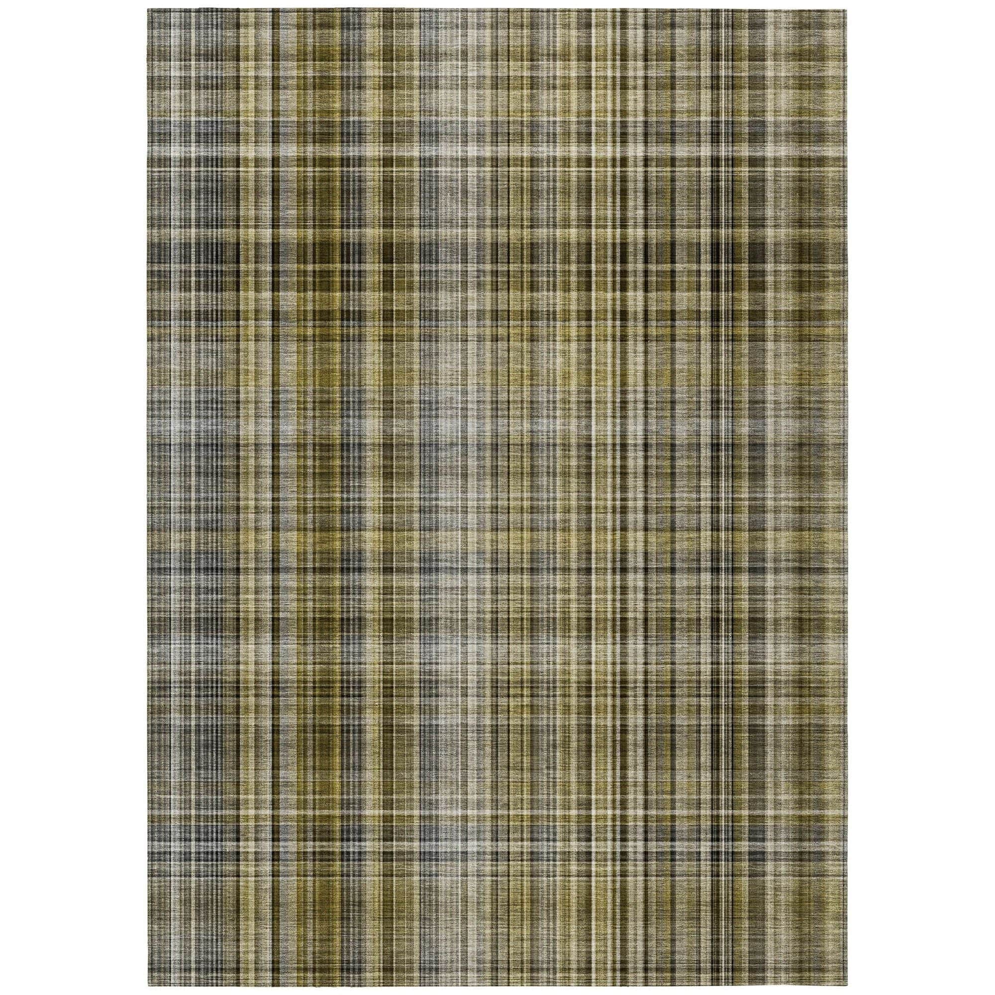 Machine Washable Taupe Brown Rug - Indoor / Outdoor - Kids / Pet Friendly Plaid Print Rug