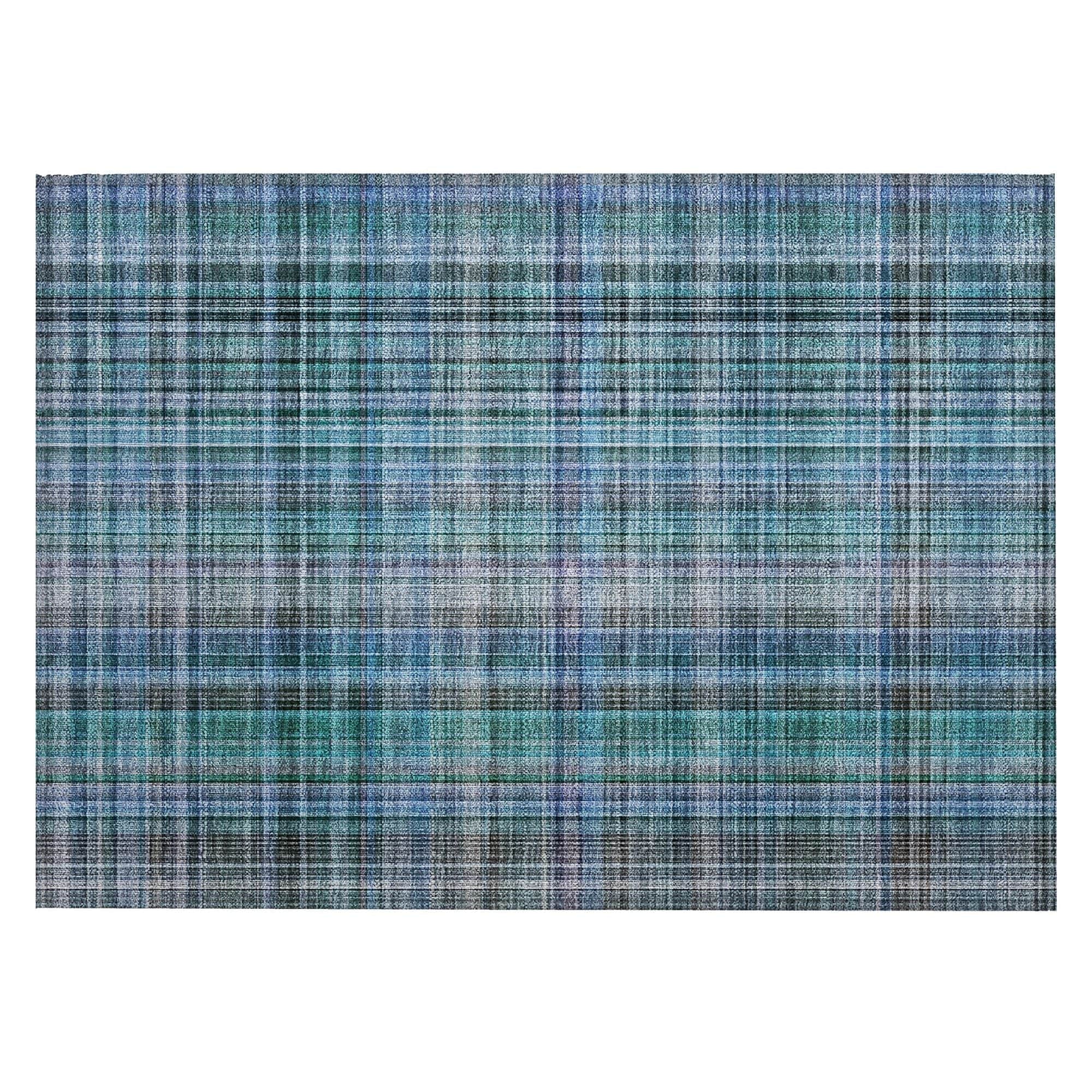 Machine Washable Teal Rug - Indoor / Outdoor - Kids / Pet Friendly Plaid Print Rug