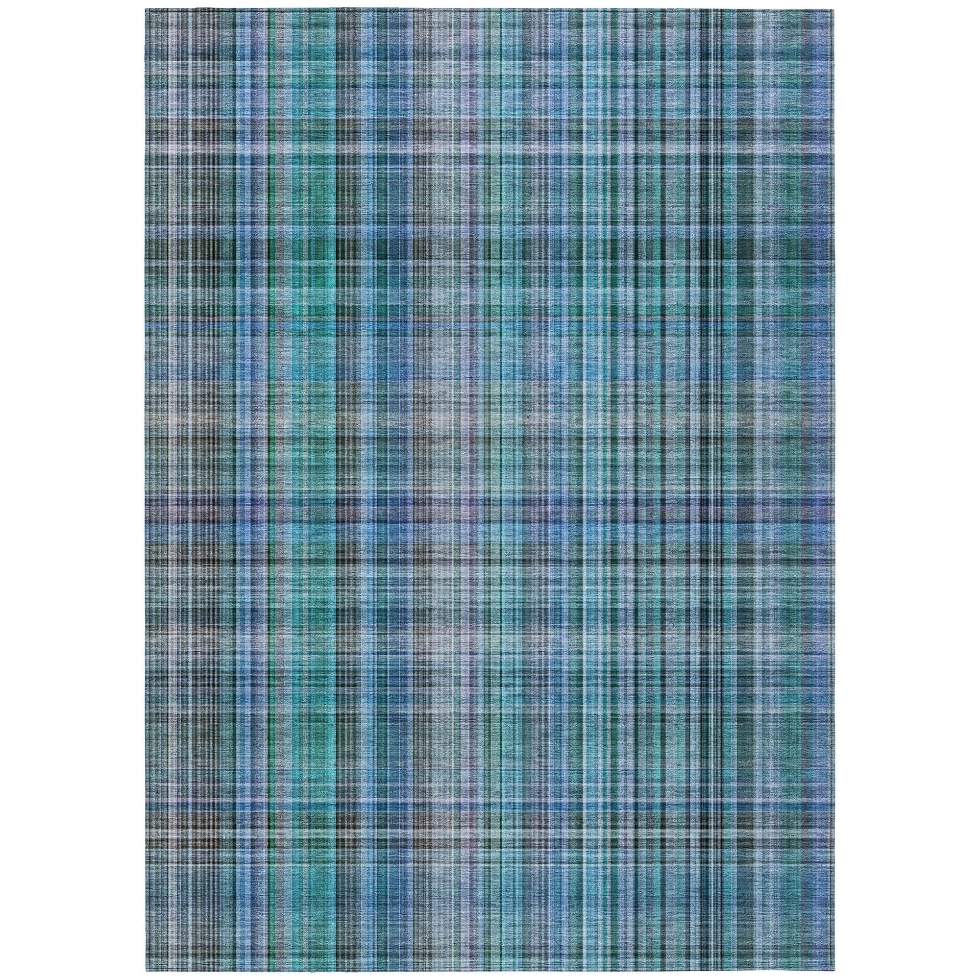 Machine Washable Teal Rug - Indoor / Outdoor - Kids / Pet Friendly Plaid Print Rug