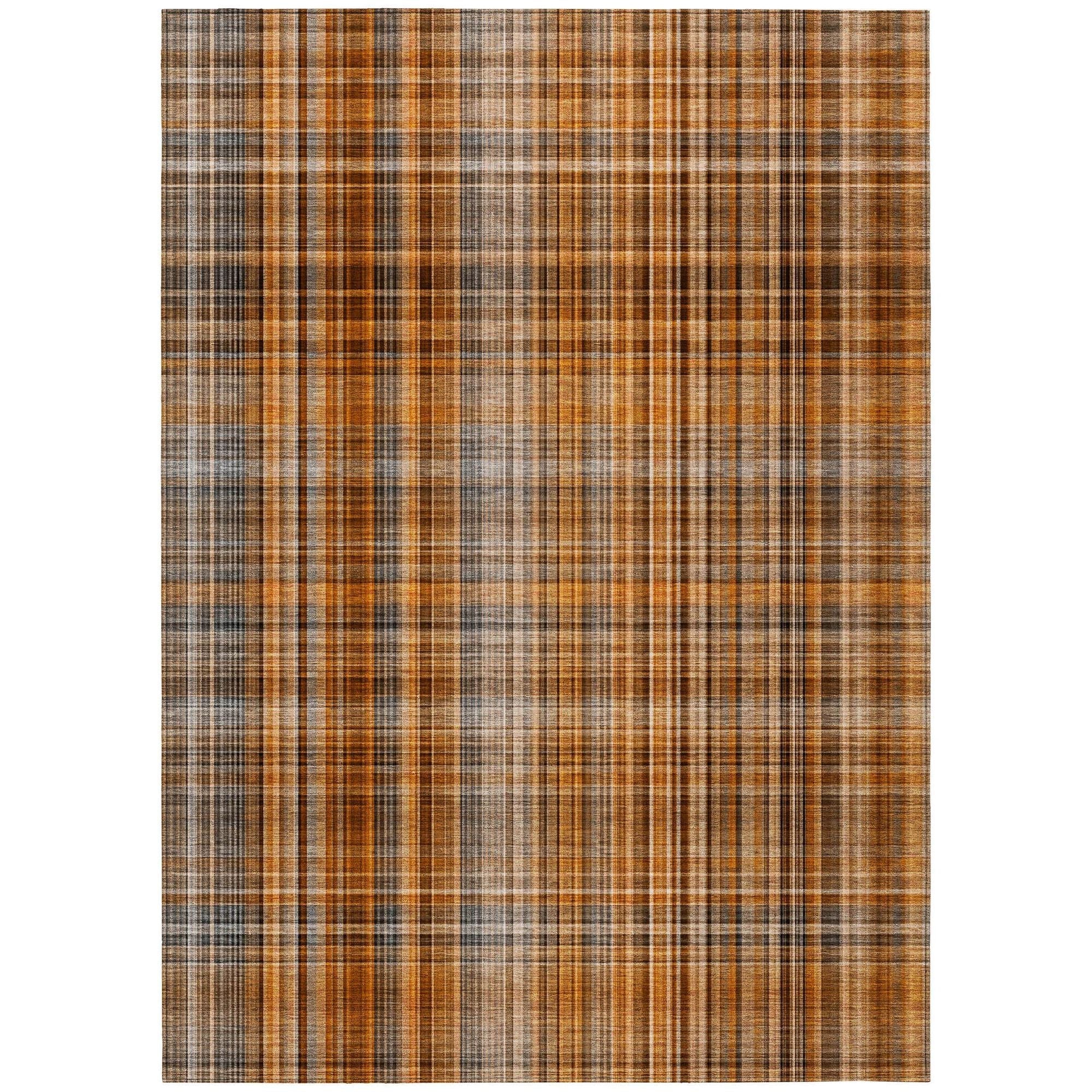 Machine Washable Terracotta Orange Rug - Indoor / Outdoor - Kids / Pet Friendly Plaid Print Rug