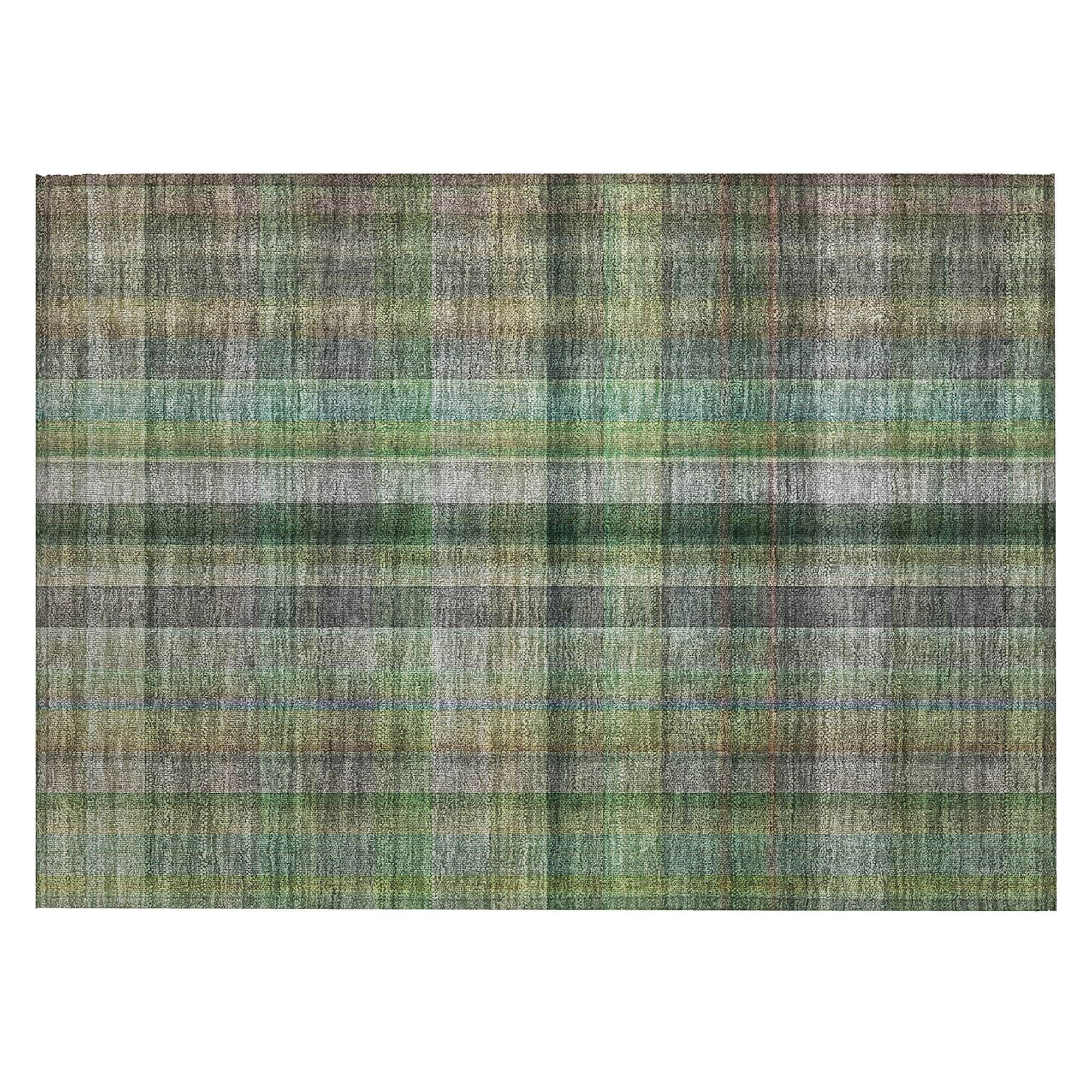 Machine Washable Green Rug - Indoor / Outdoor - Kids / Pet Friendly Plaid Print Rug