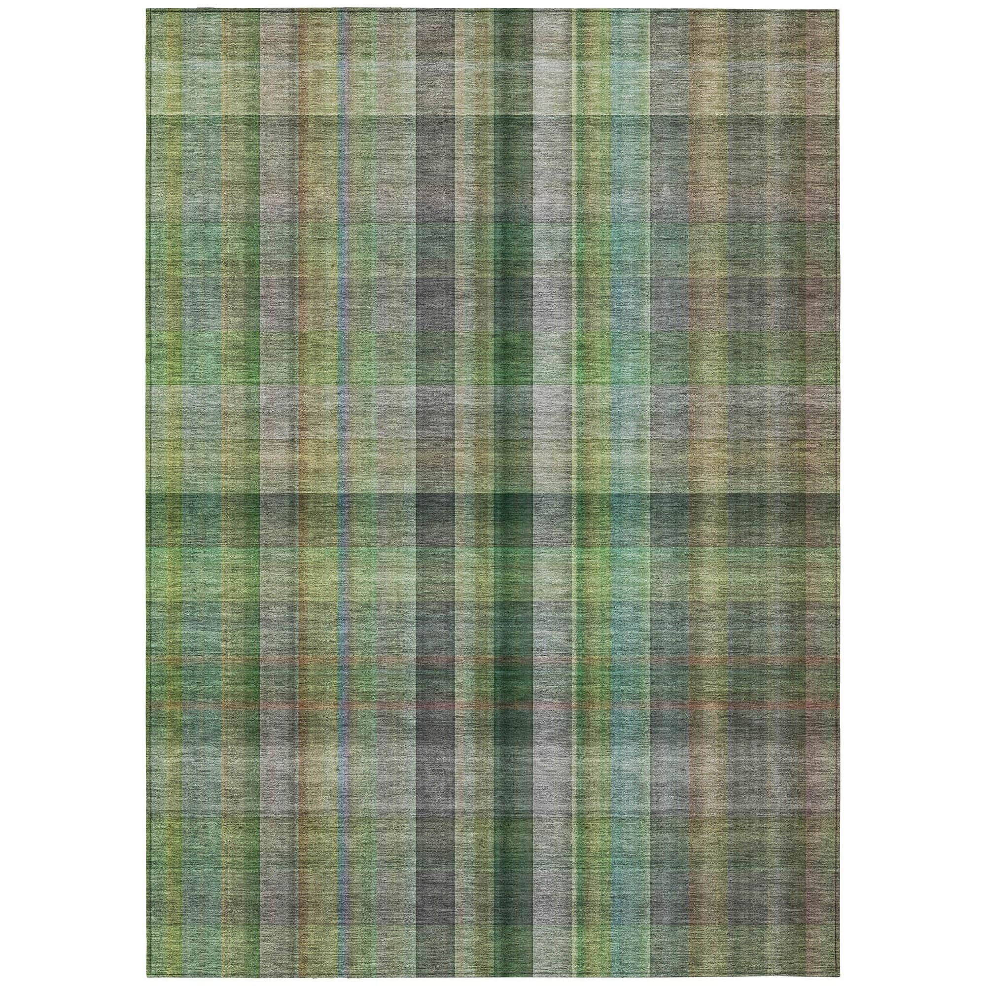 Machine Washable Green Rug - Indoor / Outdoor - Kids / Pet Friendly Plaid Print Rug