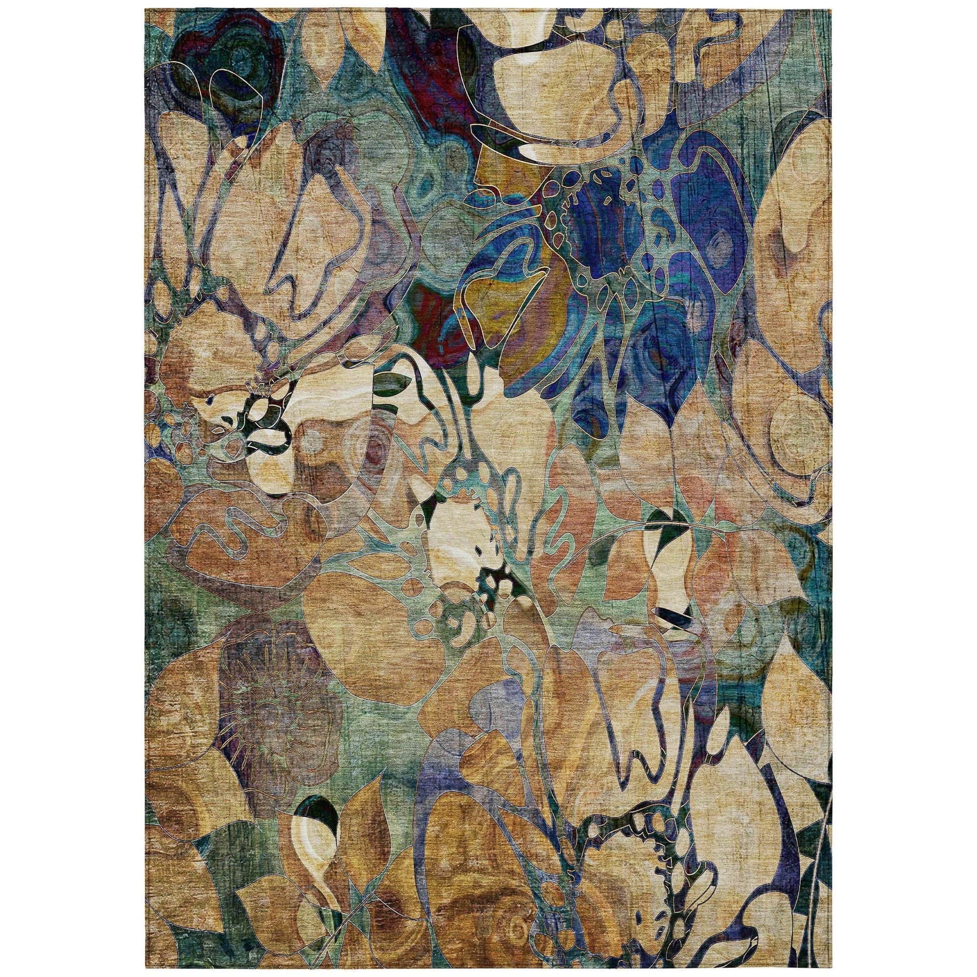 Machine Washable Beige Brown Rug - Indoor / Outdoor - Kids / Pet Friendly Floral Print Rug