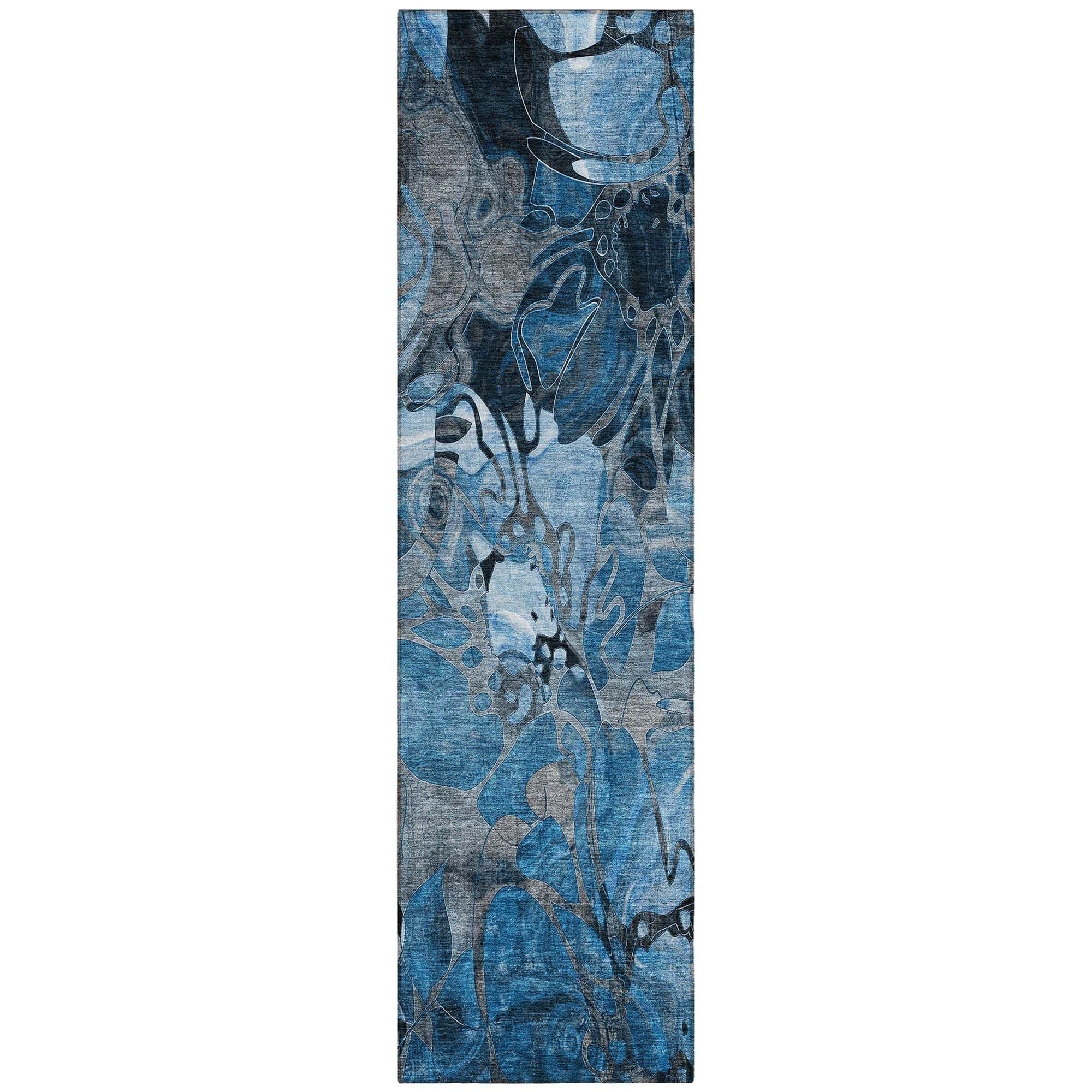 Machine Washable Blue Rug - Indoor / Outdoor - Kids / Pet Friendly Floral Print Rug