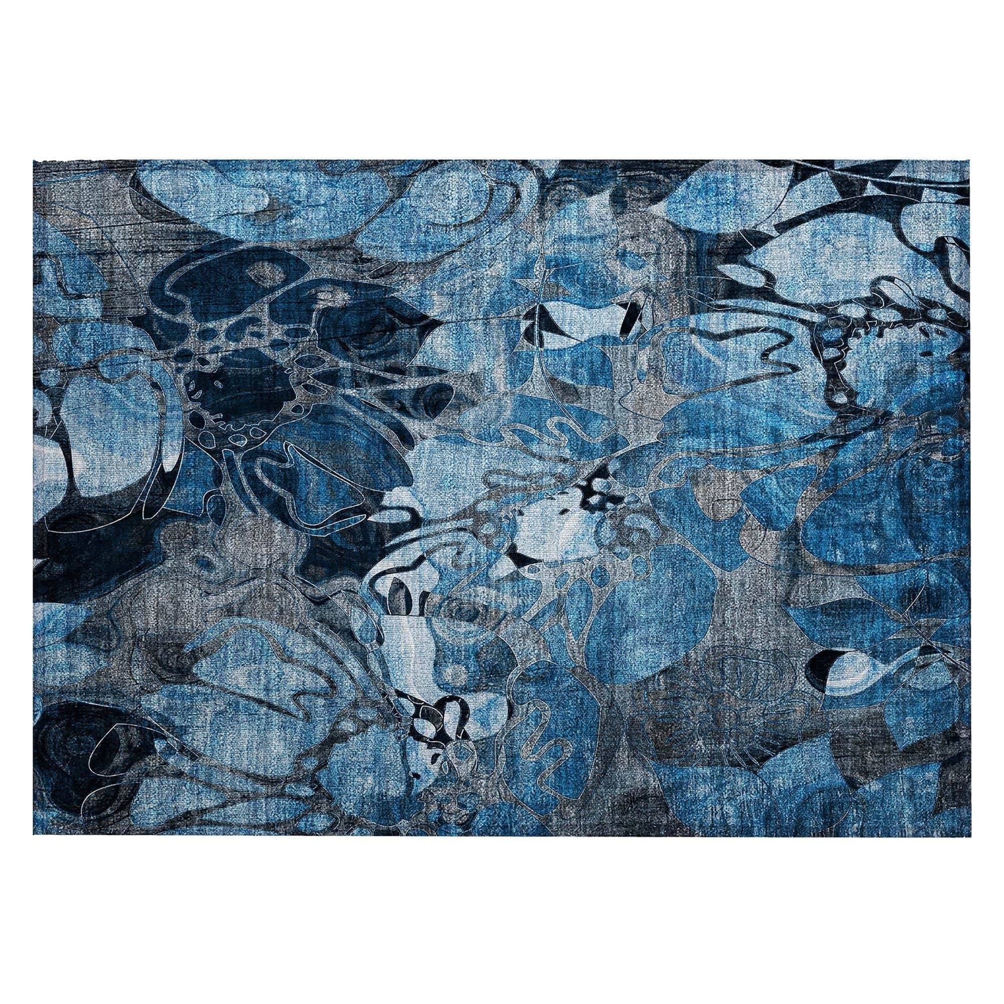 Machine Washable Blue Rug - Indoor / Outdoor - Kids / Pet Friendly Floral Print Rug
