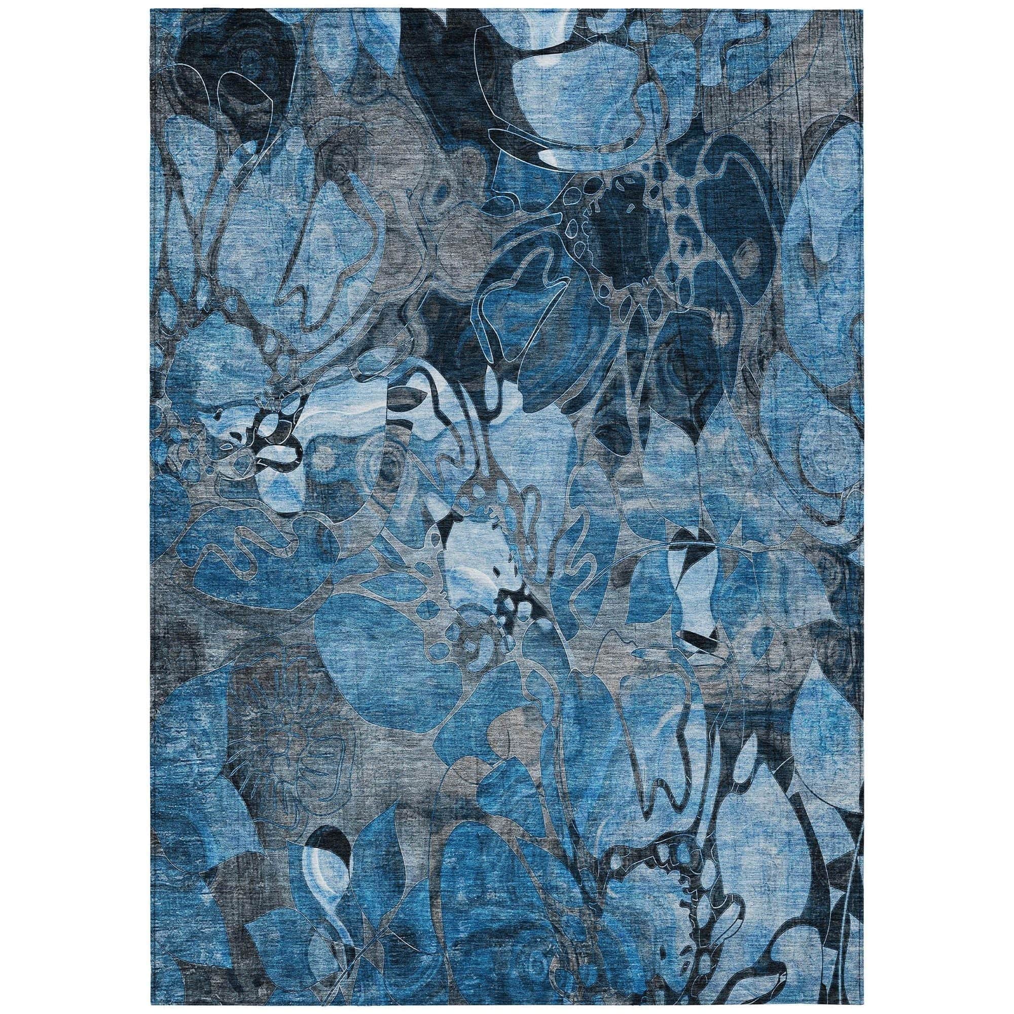 Machine Washable Blue Rug - Indoor / Outdoor - Kids / Pet Friendly Floral Print Rug