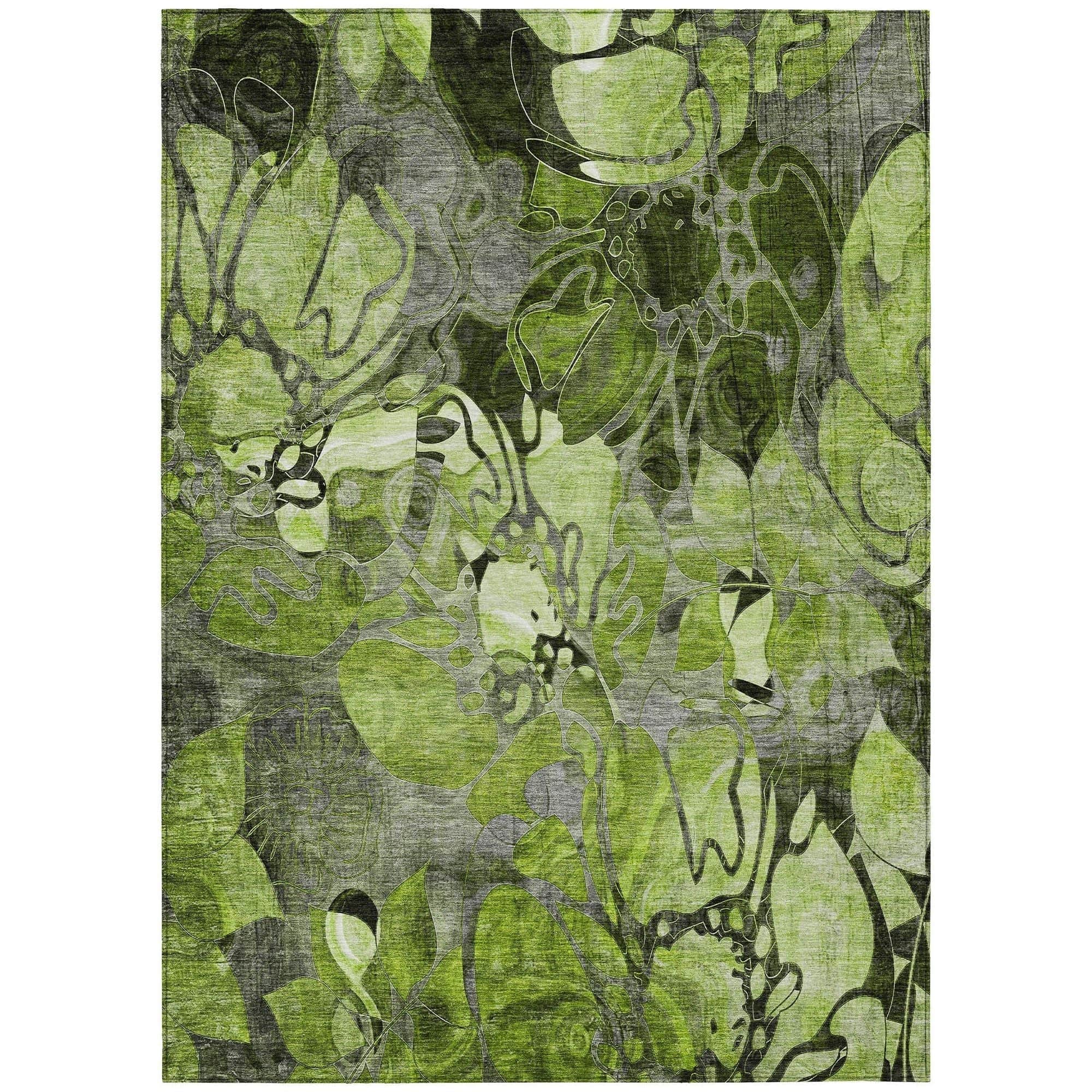 Machine Washable Fern Green Rug - Indoor / Outdoor - Kids / Pet Friendly Floral Print Rug