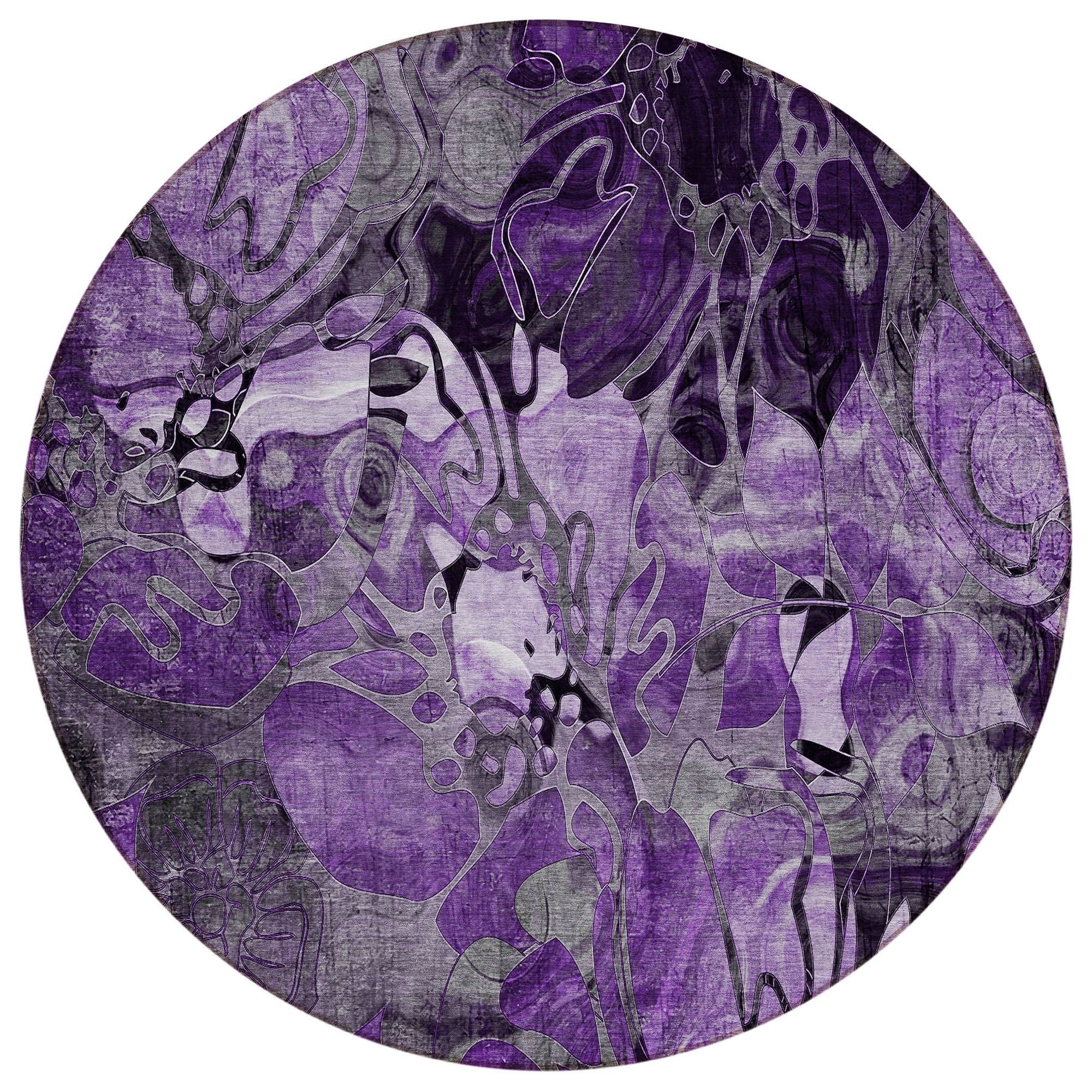 Machine Washable Purple Rug - Indoor / Outdoor - Kids / Pet Friendly Floral Print Rug