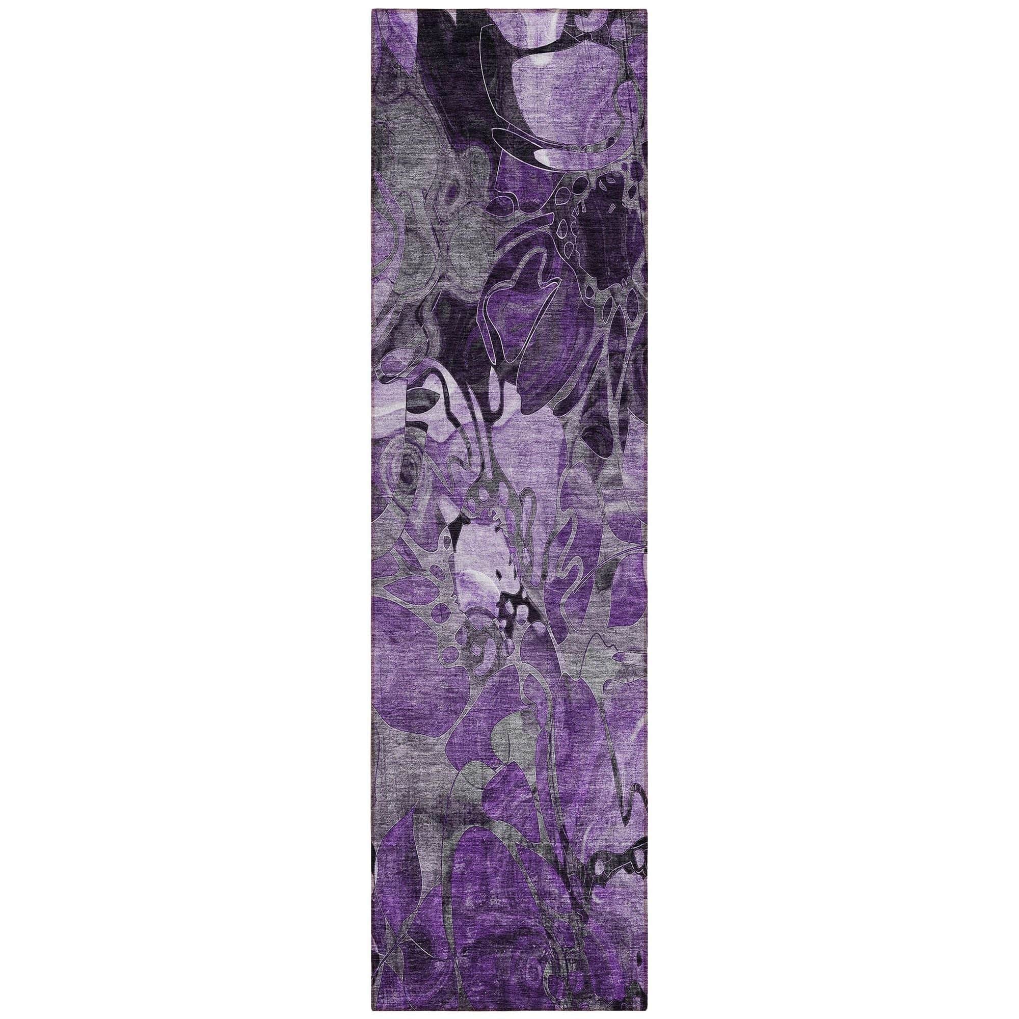 Machine Washable Purple Rug - Indoor / Outdoor - Kids / Pet Friendly Floral Print Rug