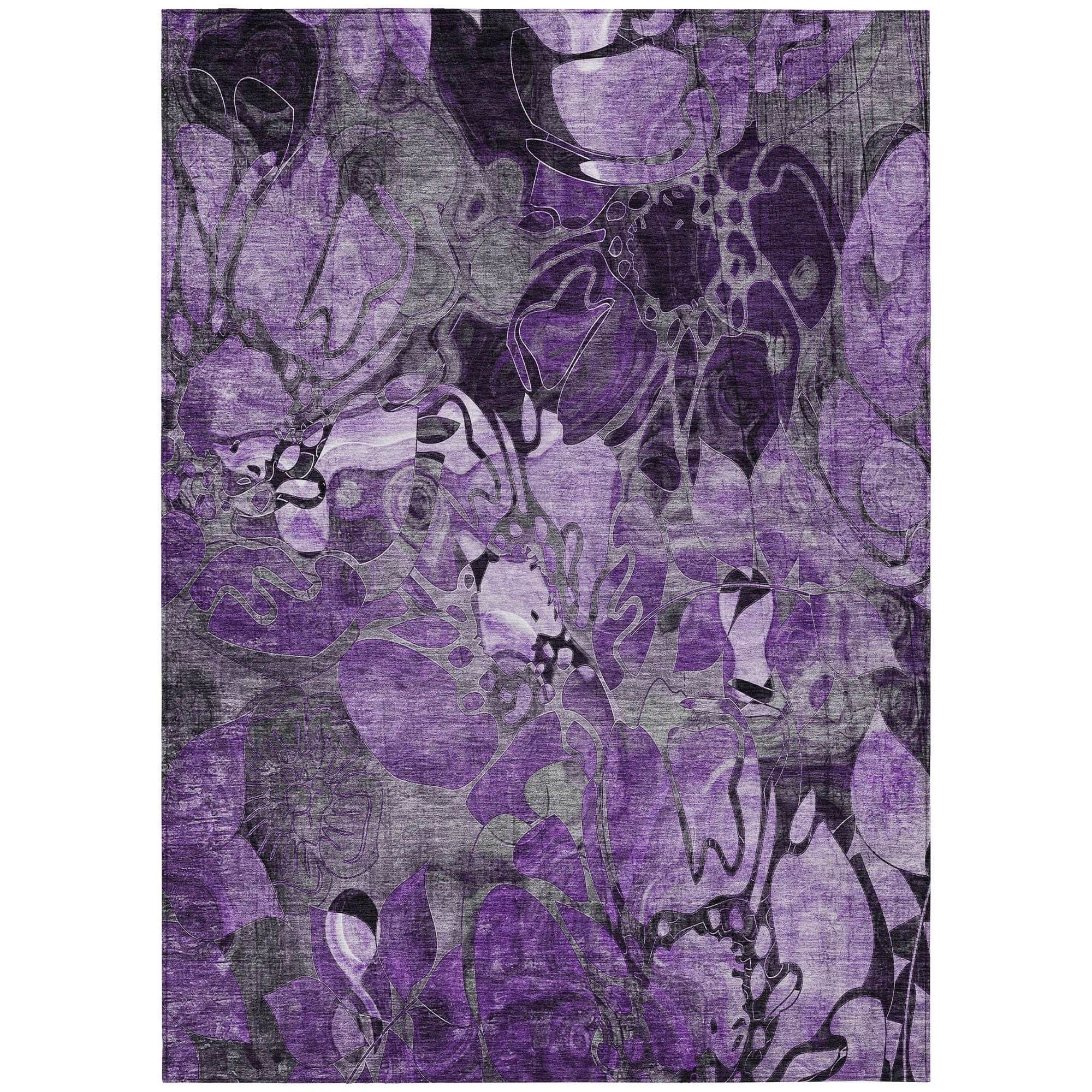 Machine Washable Purple Rug - Indoor / Outdoor - Kids / Pet Friendly Floral Print Rug