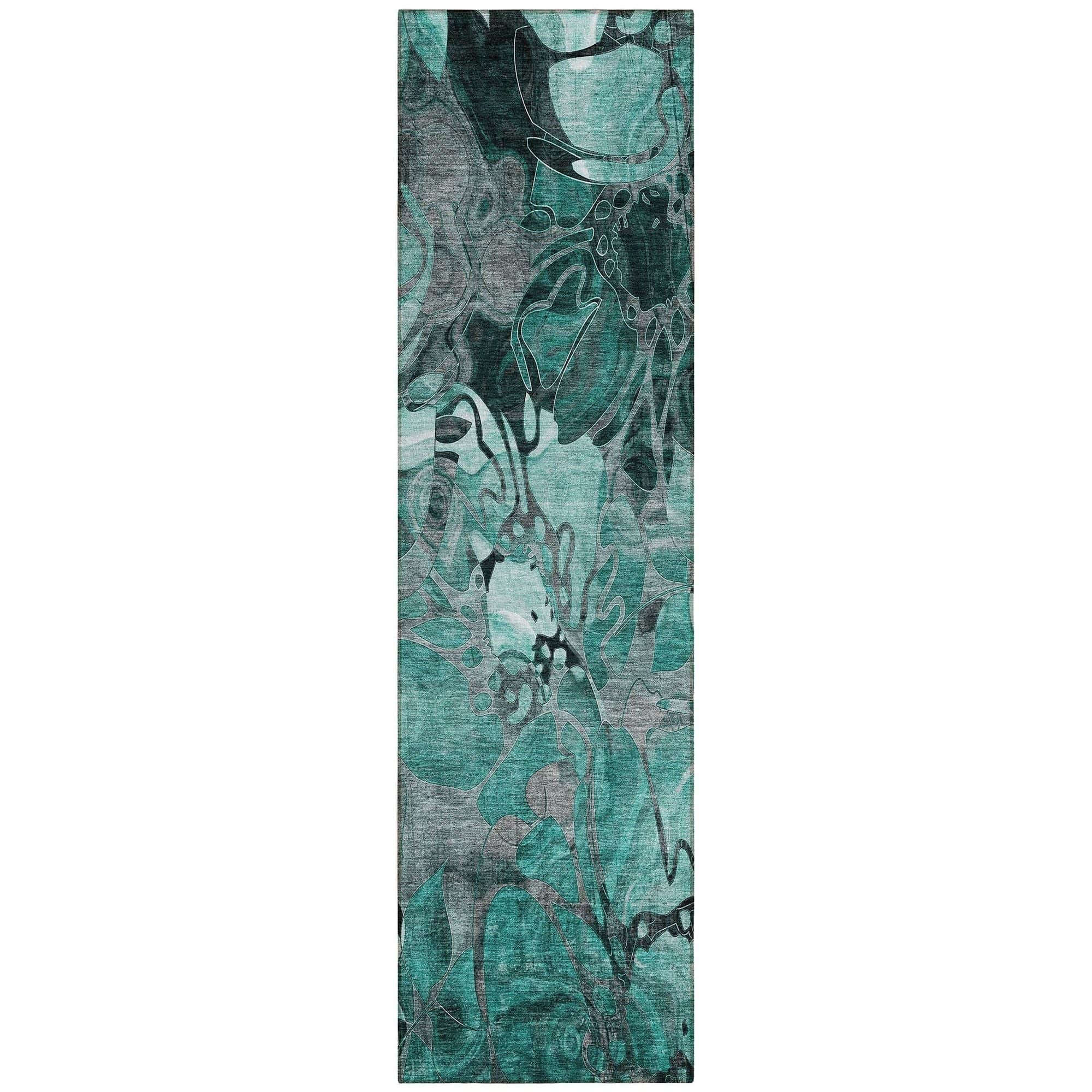Machine Washable Teal Rug - Indoor / Outdoor - Kids / Pet Friendly Floral Print Rug