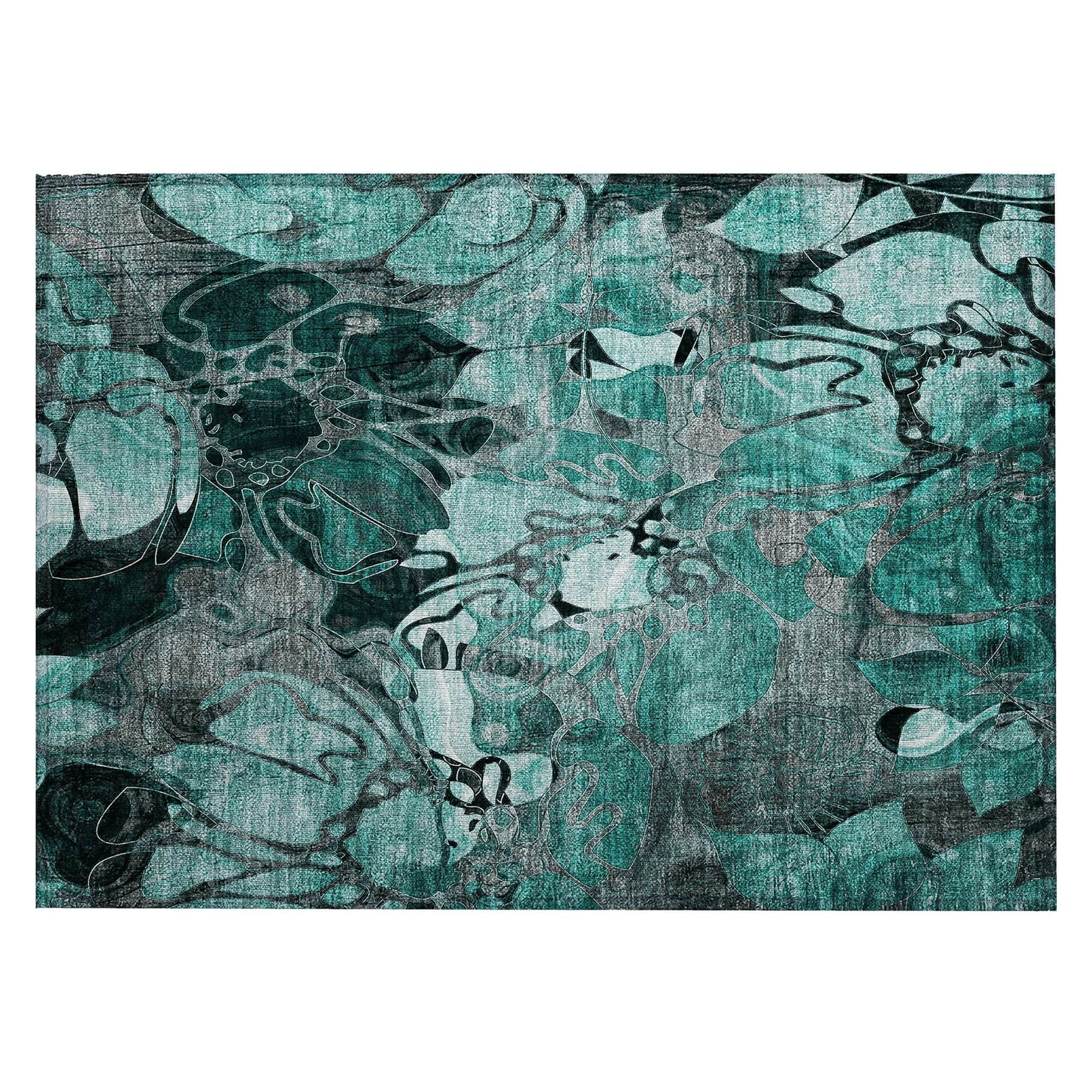 Machine Washable Teal Rug - Indoor / Outdoor - Kids / Pet Friendly Floral Print Rug