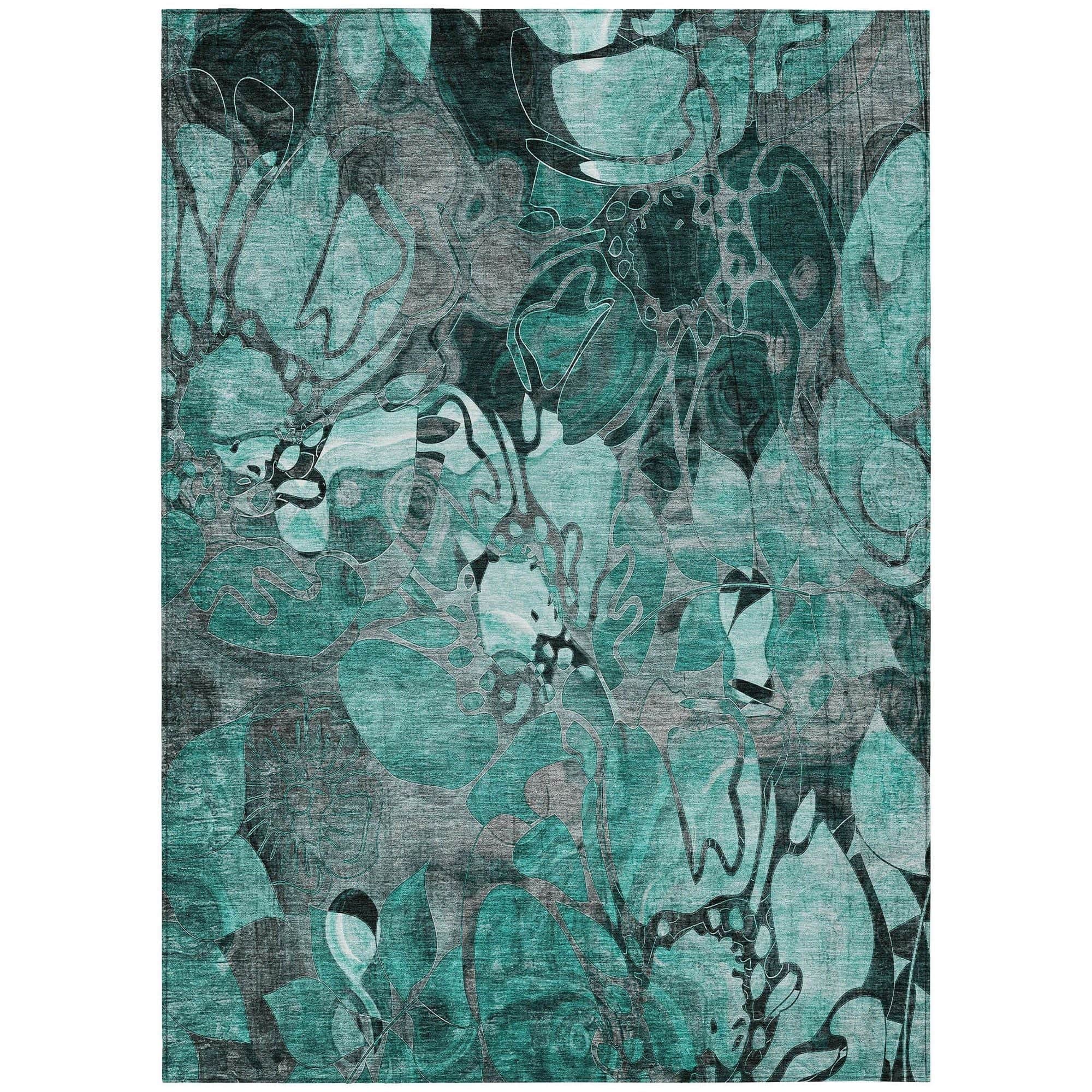 Machine Washable Teal Rug - Indoor / Outdoor - Kids / Pet Friendly Floral Print Rug
