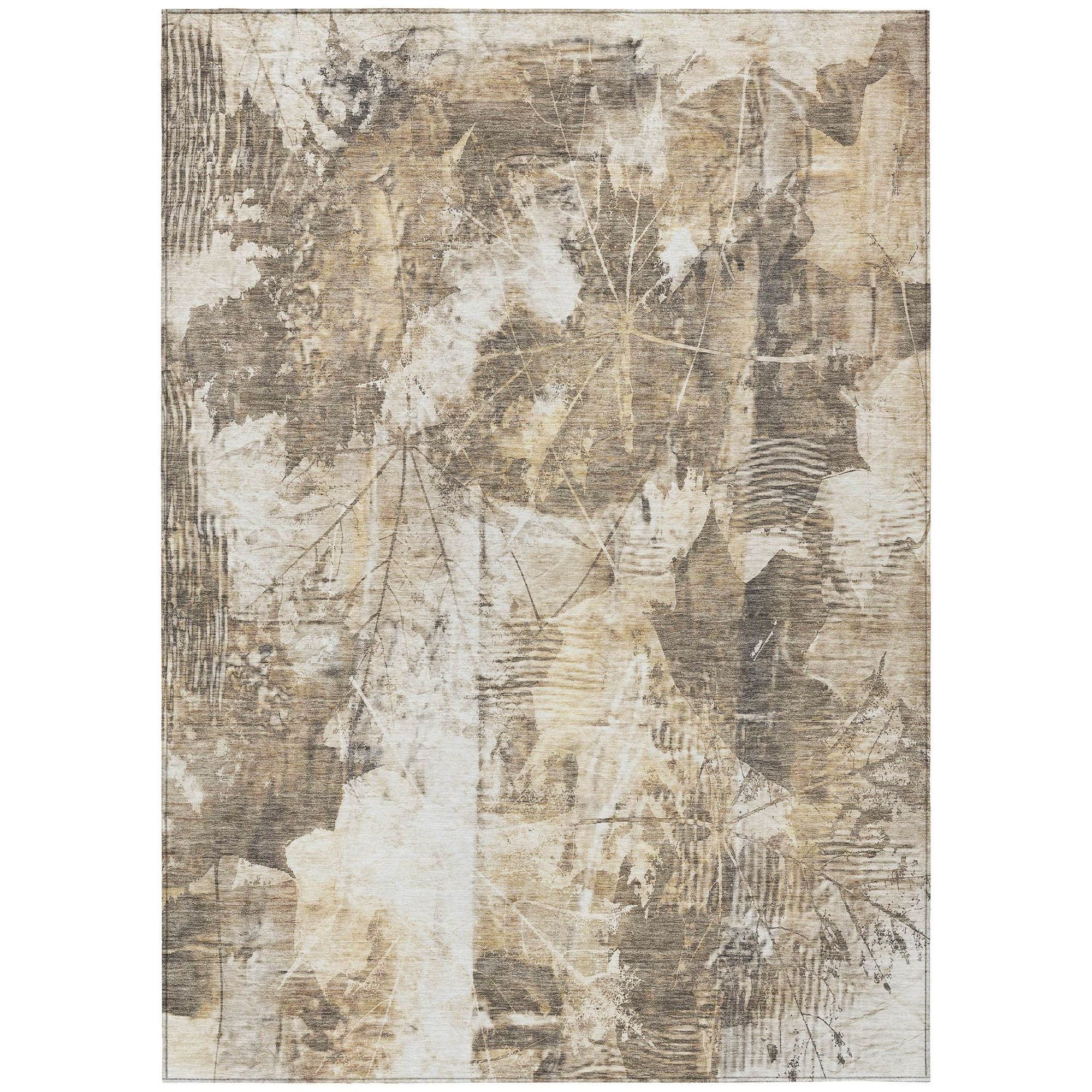 Machine Washable Beige Brown Rug - Indoor / Outdoor - Kids / Pet Friendly Floral Print Rug