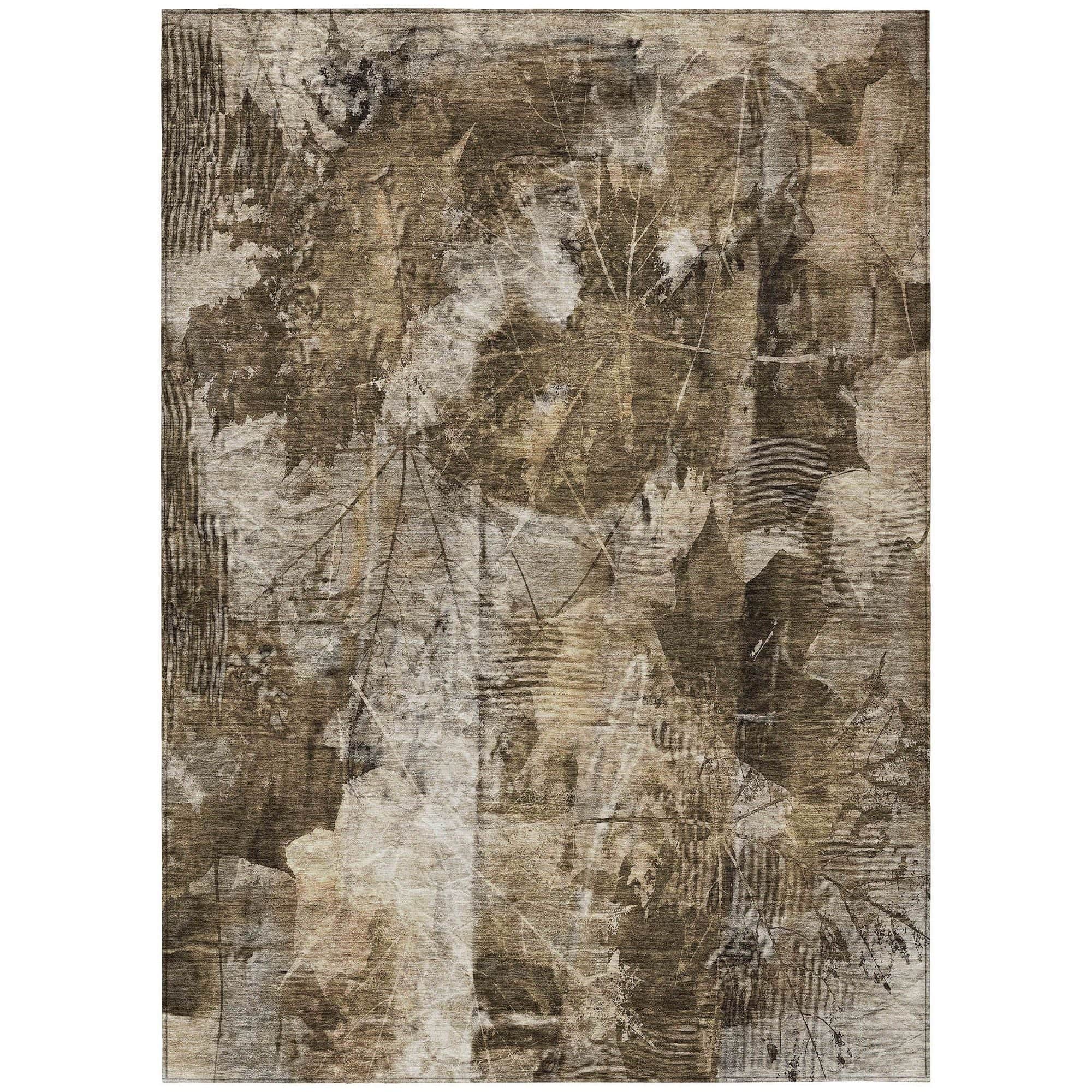 Machine Washable Taupe Brown Rug - Indoor / Outdoor - Kids / Pet Friendly Floral Print Rug