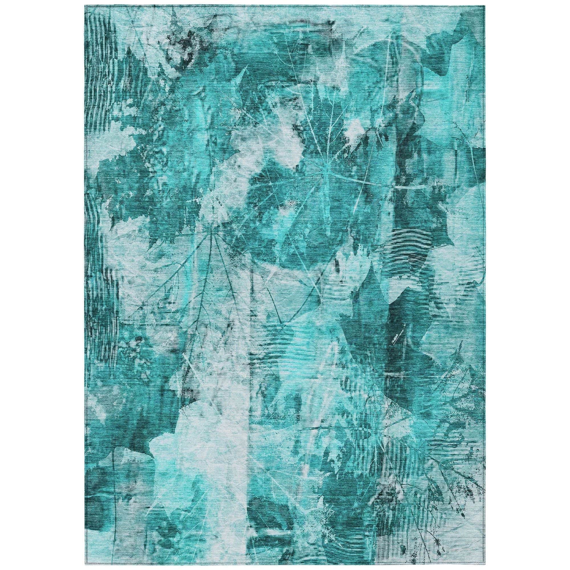 Machine Washable Teal Rug - Indoor / Outdoor - Kids / Pet Friendly Floral Print Rug