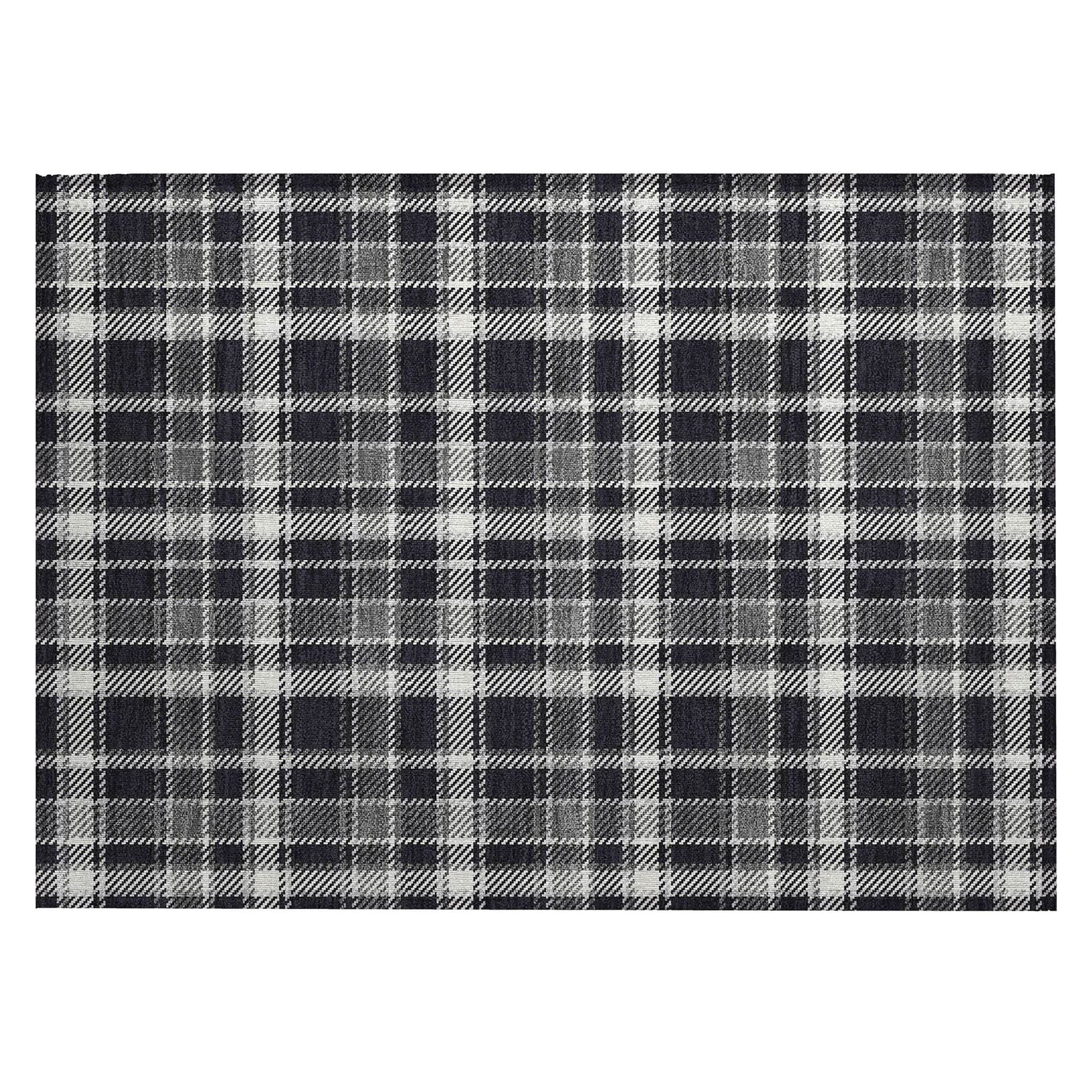Machine Washable Black Rug - Indoor / Outdoor - Kids / Pet Friendly Plaid Print Rug