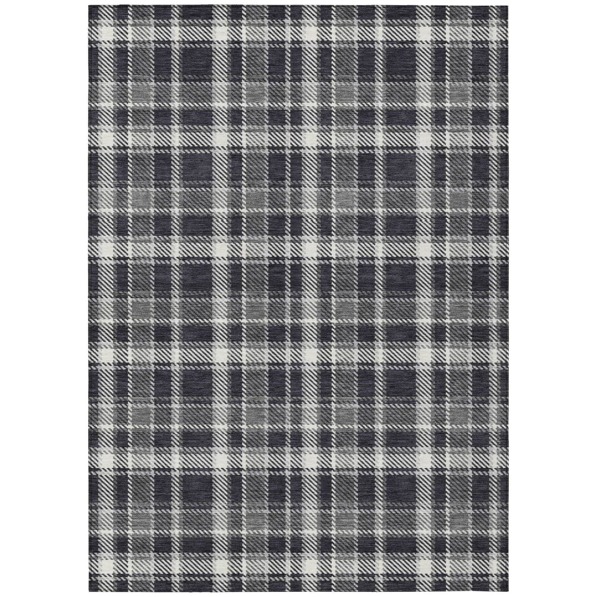 Machine Washable Black Rug - Indoor / Outdoor - Kids / Pet Friendly Plaid Print Rug
