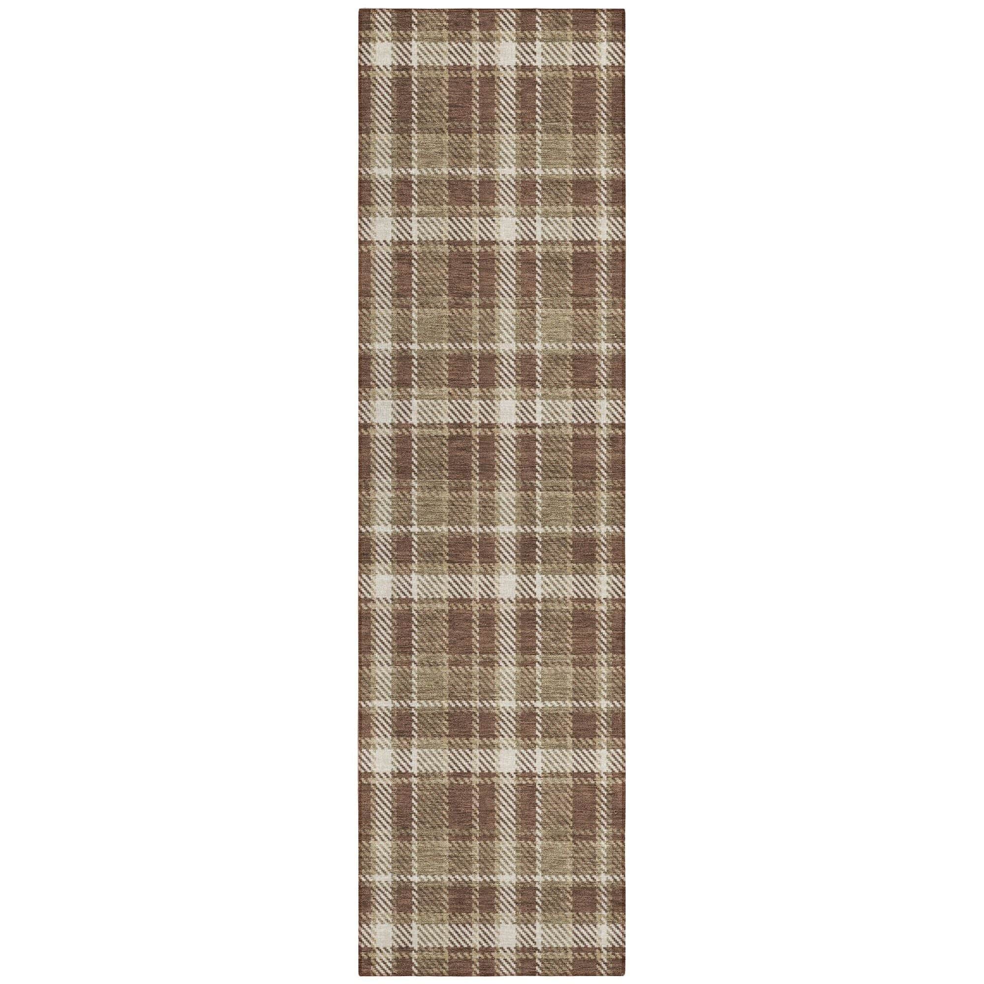 Machine Washable Chocolate Brown Rug - Indoor / Outdoor - Kids / Pet Friendly Plaid Print Rug