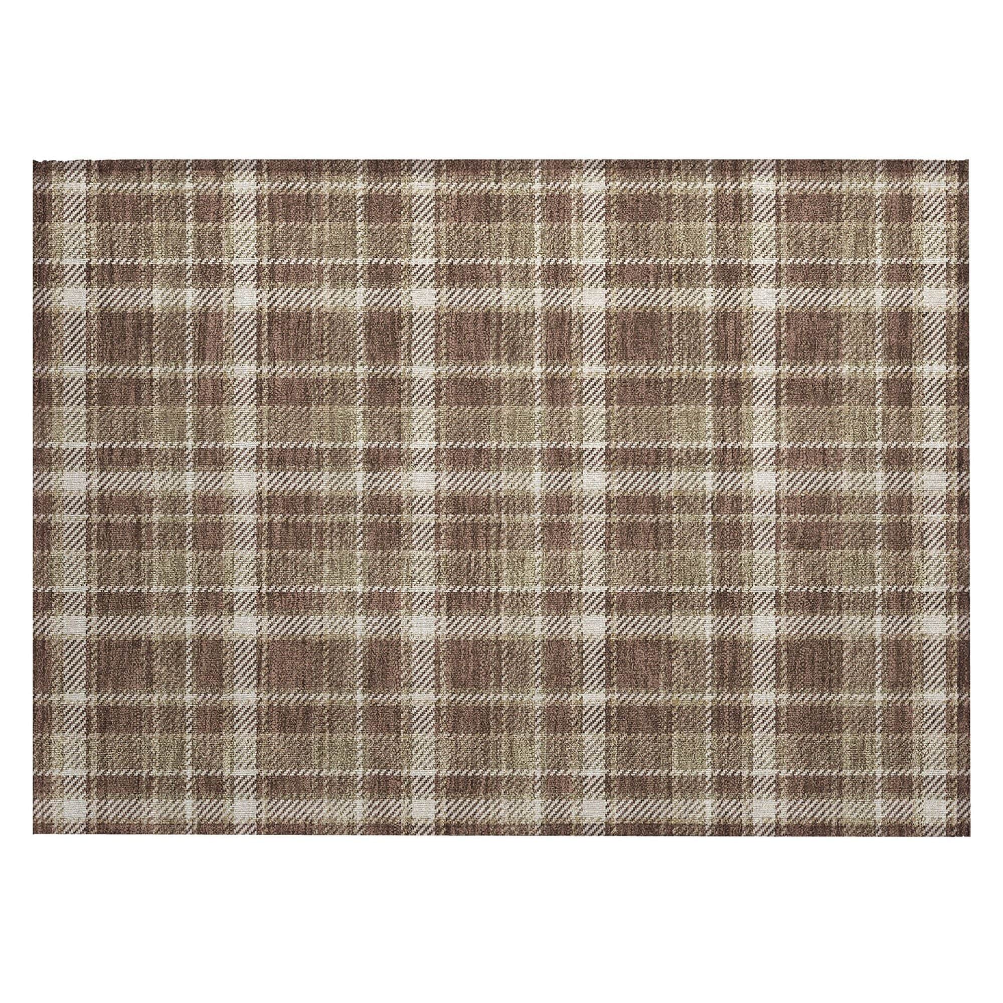 Machine Washable Chocolate Brown Rug - Indoor / Outdoor - Kids / Pet Friendly Plaid Print Rug