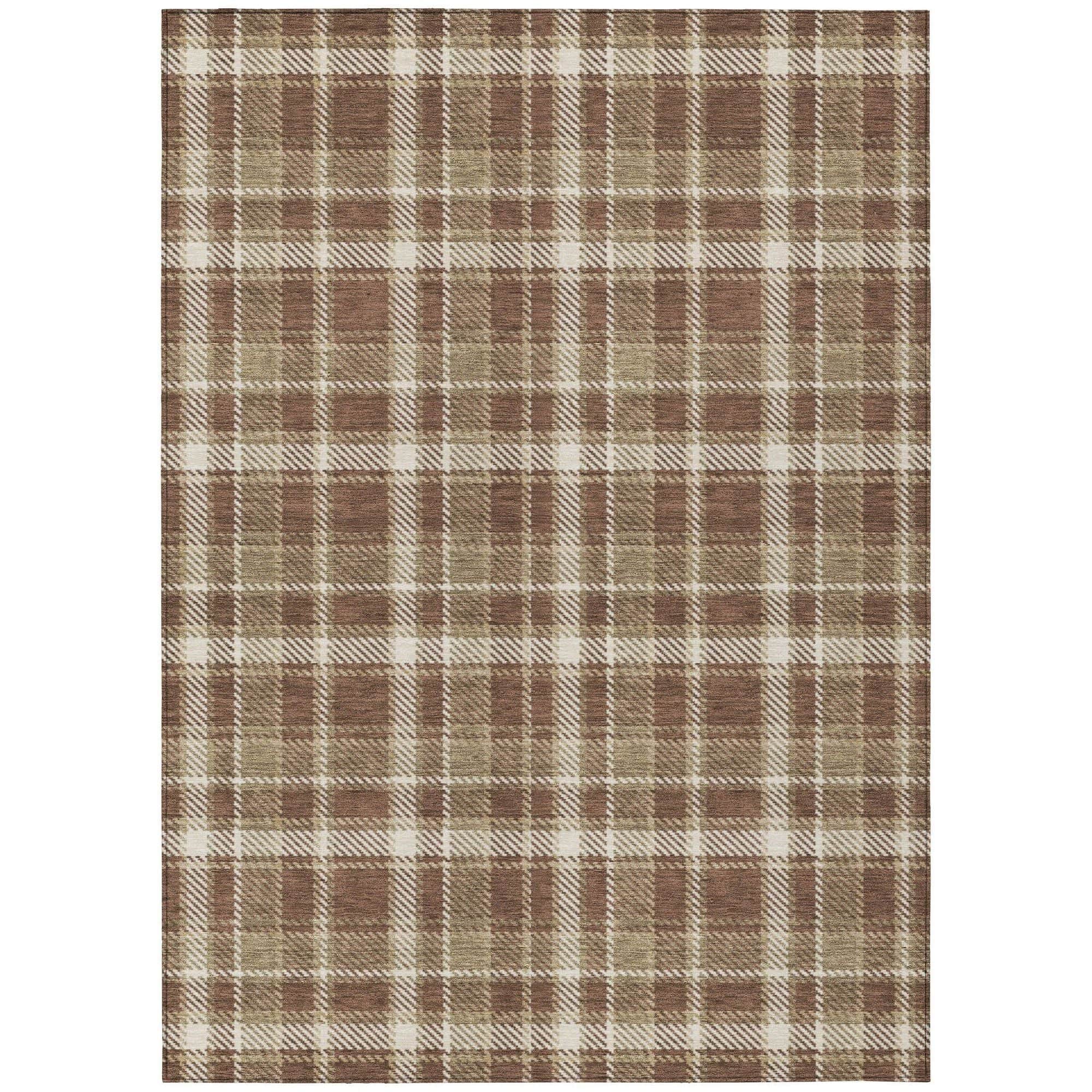 Machine Washable Chocolate Brown Rug - Indoor / Outdoor - Kids / Pet Friendly Plaid Print Rug