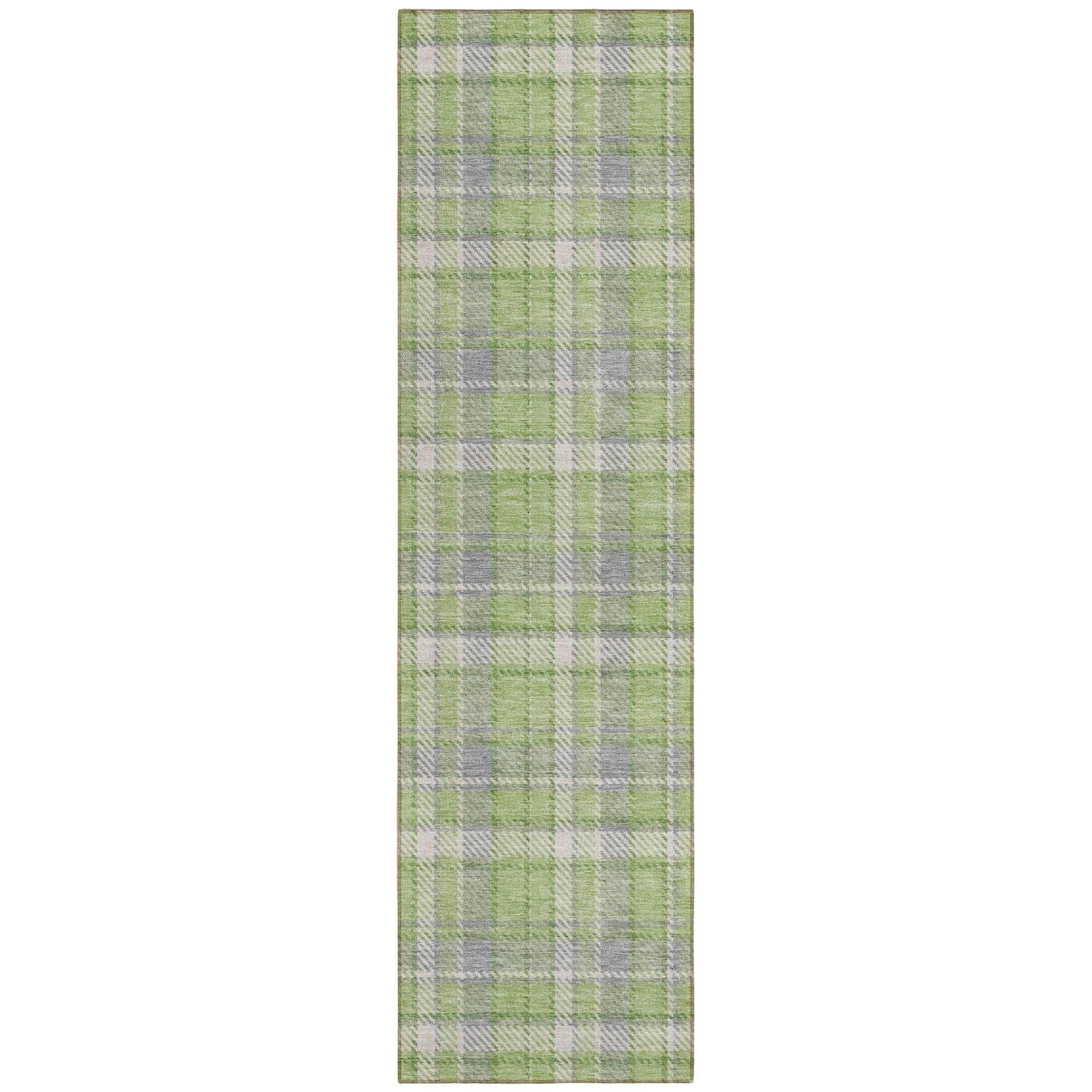 Machine Washable Green Rug - Indoor / Outdoor - Kids / Pet Friendly Plaid Print Rug