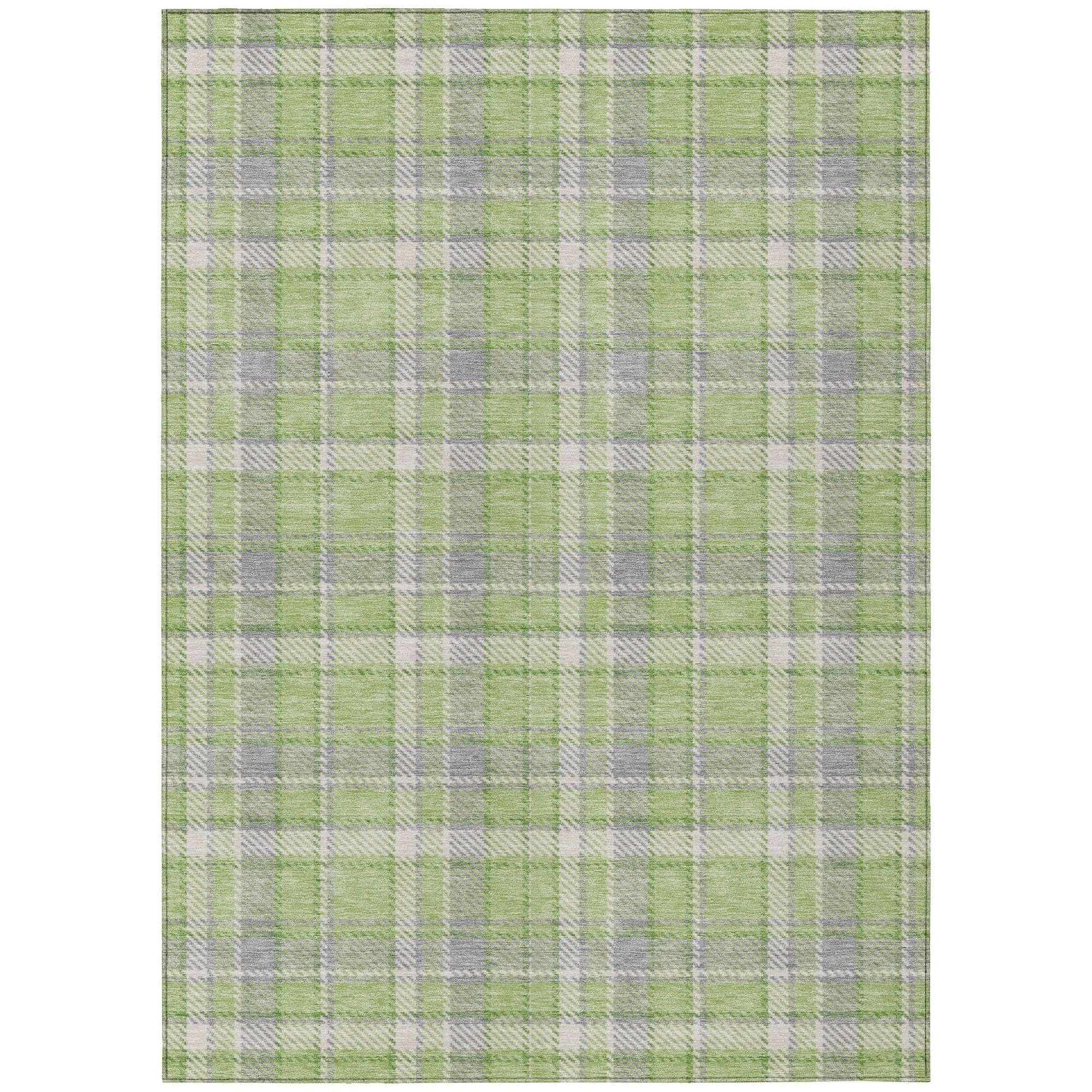 Machine Washable Green Rug - Indoor / Outdoor - Kids / Pet Friendly Plaid Print Rug