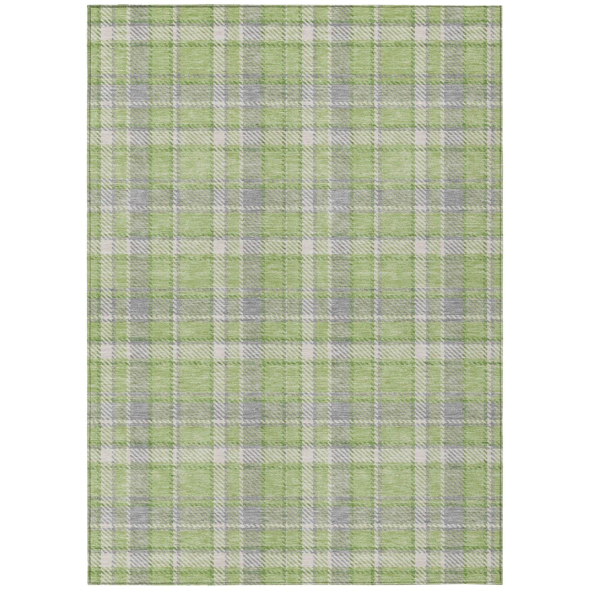 Machine Washable Green Rug - Indoor / Outdoor - Kids / Pet Friendly Plaid Print Rug
