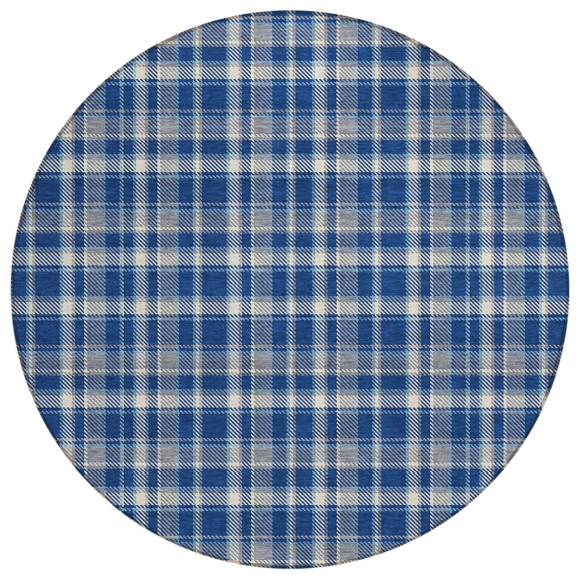 Machine Washable Navy Blue Rug - Indoor / Outdoor - Kids / Pet Friendly Plaid Print Rug