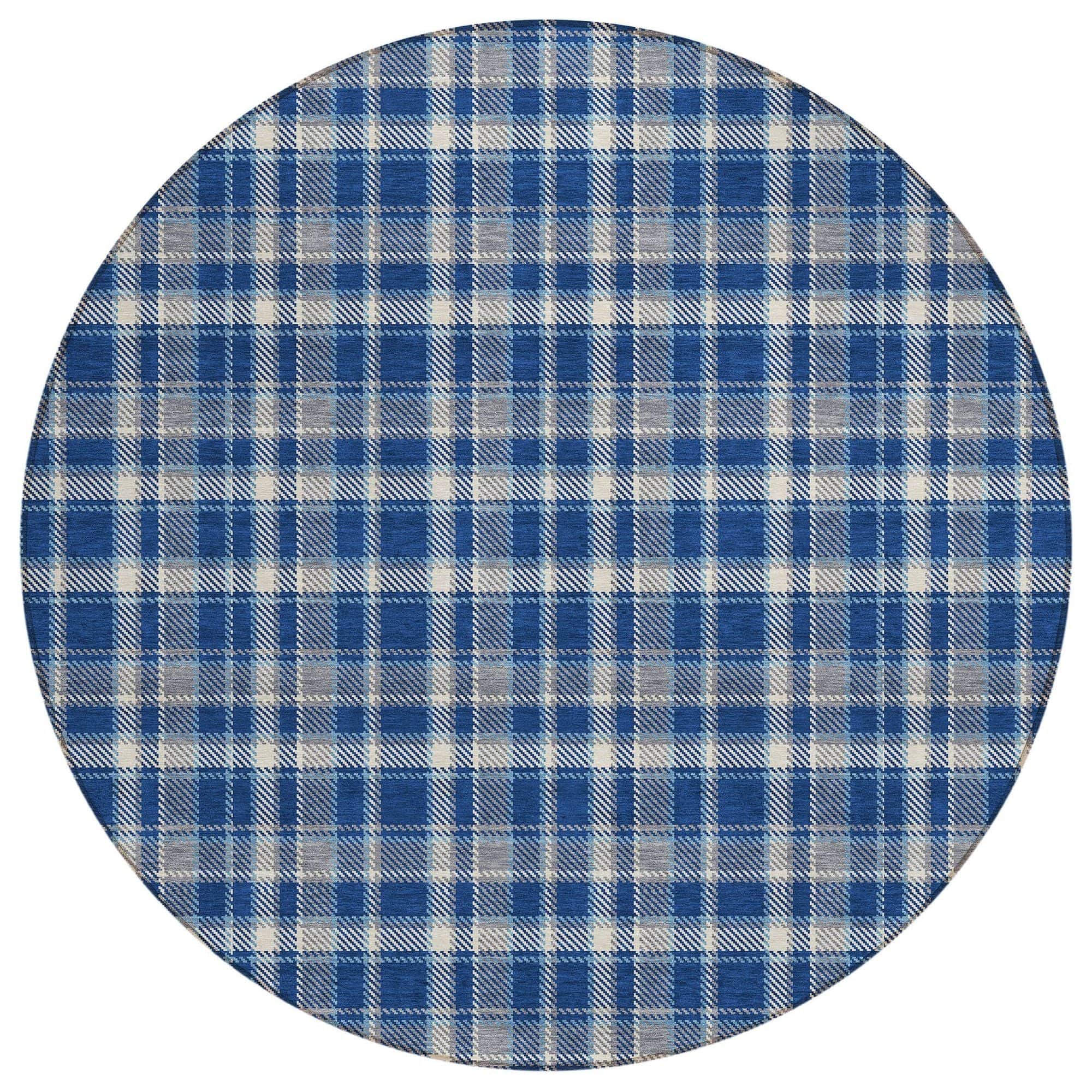 Machine Washable Navy Blue Rug - Indoor / Outdoor - Kids / Pet Friendly Plaid Print Rug