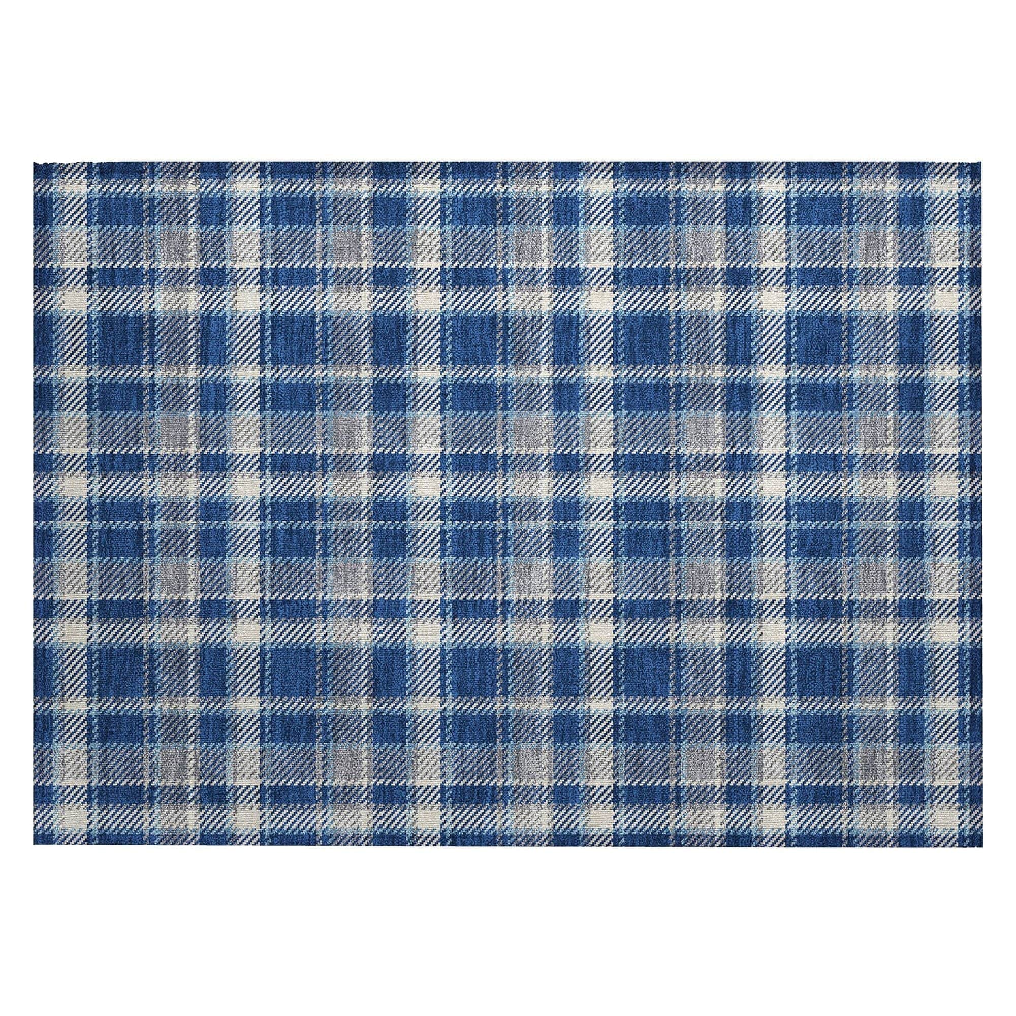 Machine Washable Navy Blue Rug - Indoor / Outdoor - Kids / Pet Friendly Plaid Print Rug