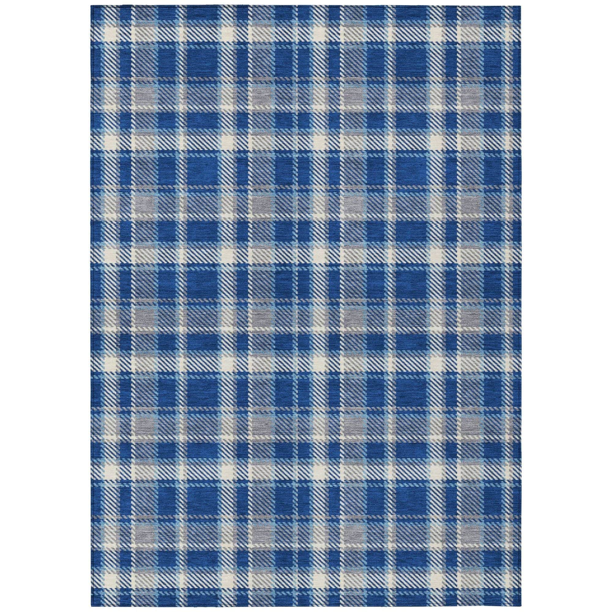 Machine Washable Navy Blue Rug - Indoor / Outdoor - Kids / Pet Friendly Plaid Print Rug