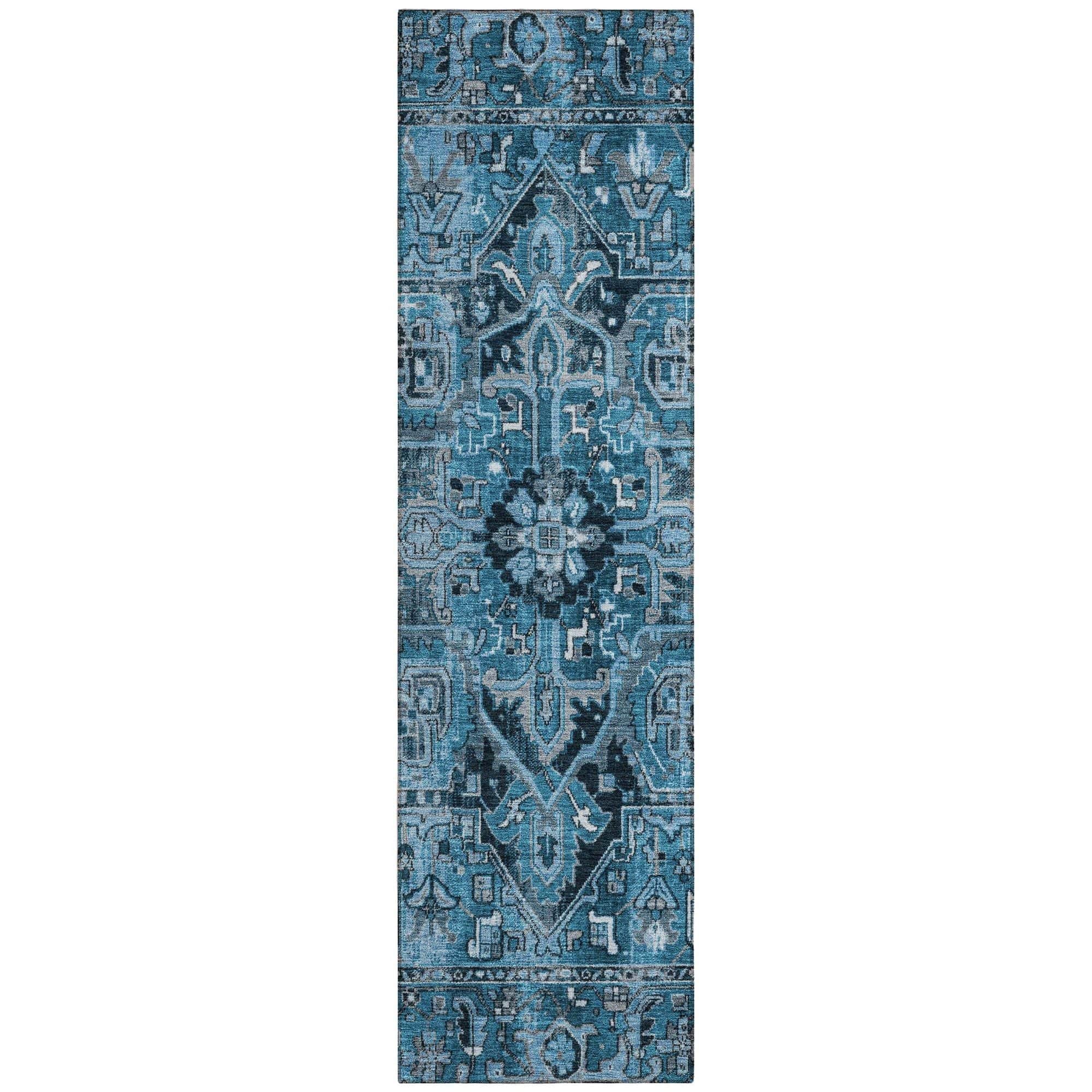 Machine Washable Blue Rug - Indoor / Outdoor - Kids / Pet Friendly Oriental Print Rug