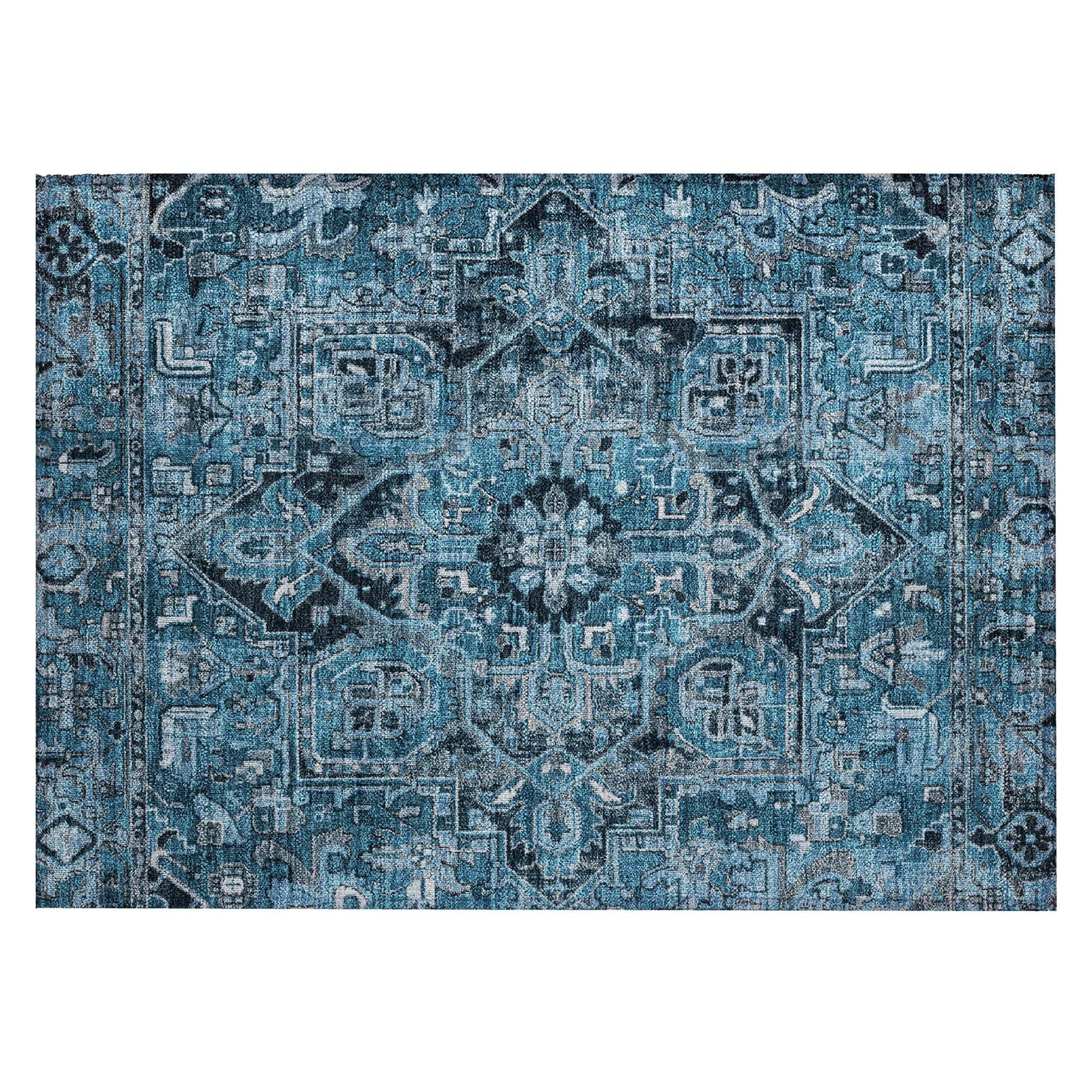 Machine Washable Blue Rug - Indoor / Outdoor - Kids / Pet Friendly Oriental Print Rug