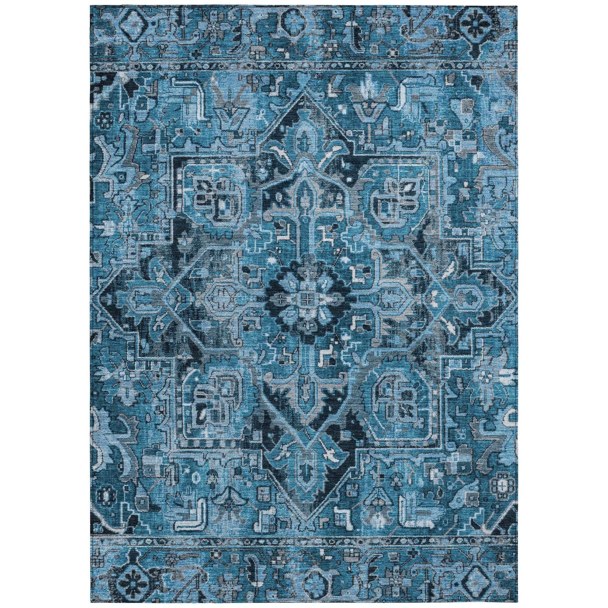 Machine Washable Blue Rug - Indoor / Outdoor - Kids / Pet Friendly Oriental Print Rug