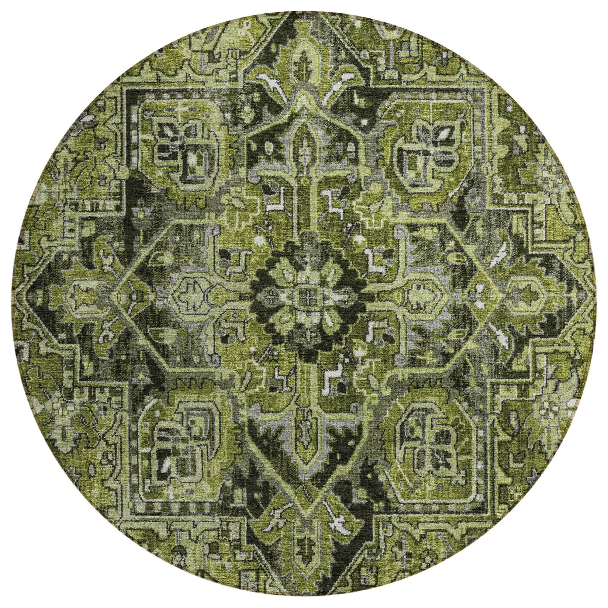 Machine Washable Olive Green Rug - Indoor / Outdoor - Kids / Pet Friendly Oriental Print Rug