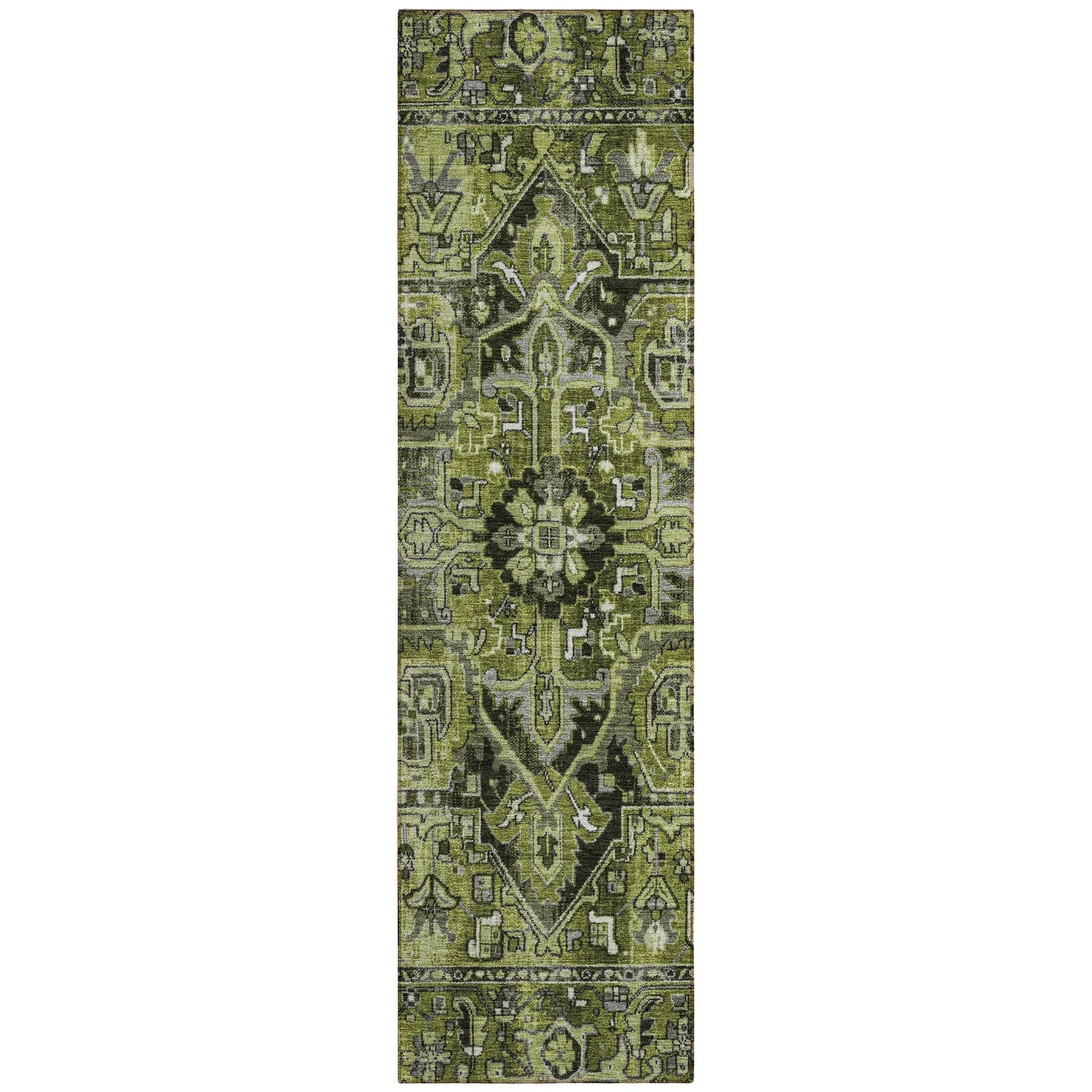 Machine Washable Olive Green Rug - Indoor / Outdoor - Kids / Pet Friendly Oriental Print Rug