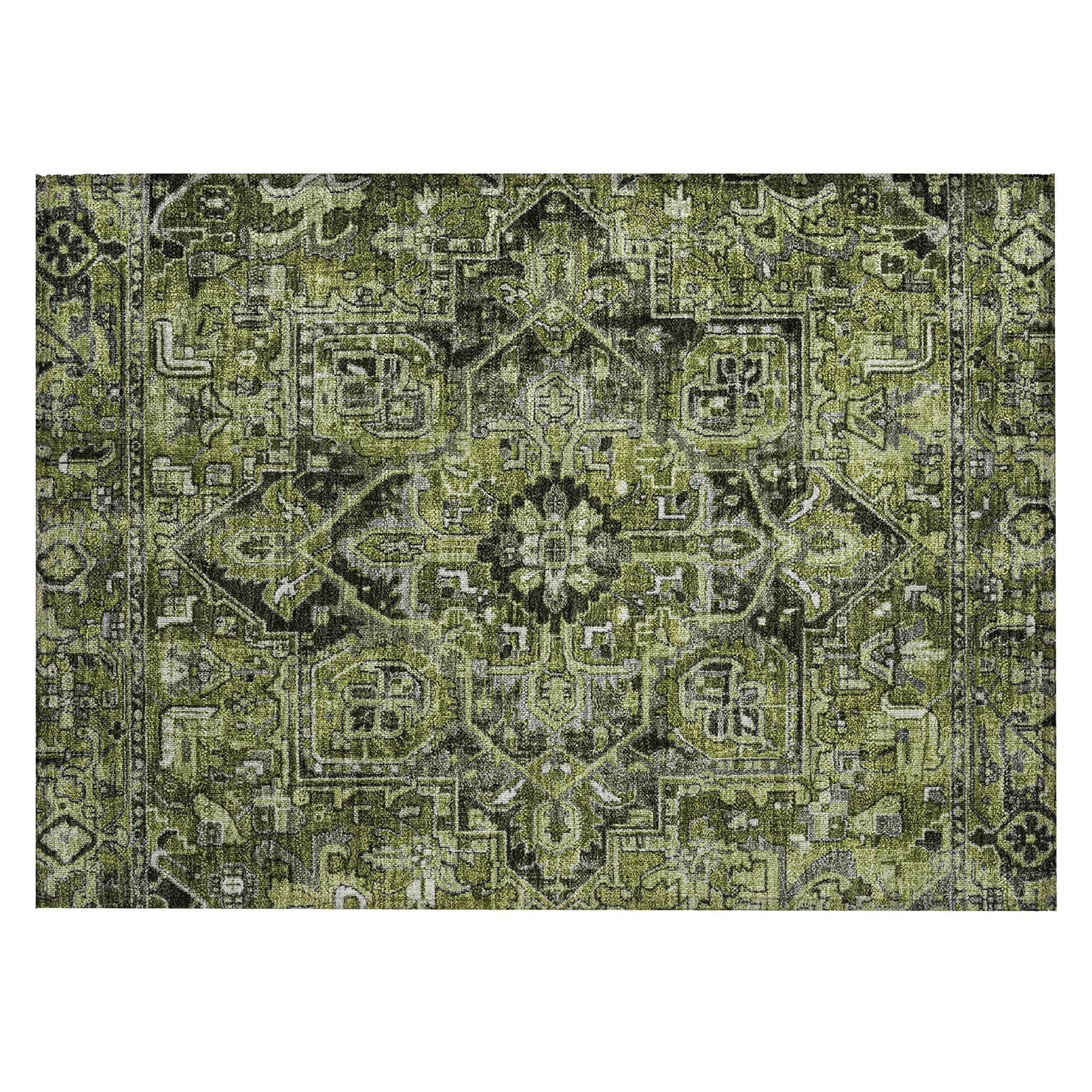 Machine Washable Olive Green Rug - Indoor / Outdoor - Kids / Pet Friendly Oriental Print Rug