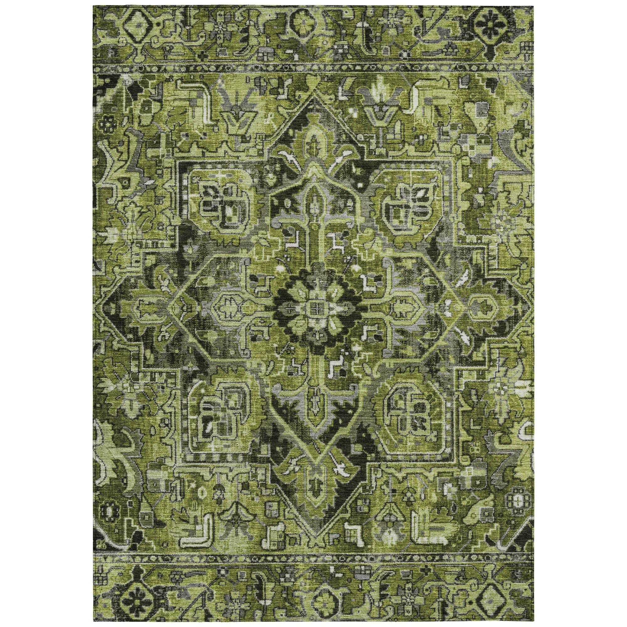 Machine Washable Olive Green Rug - Indoor / Outdoor - Kids / Pet Friendly Oriental Print Rug