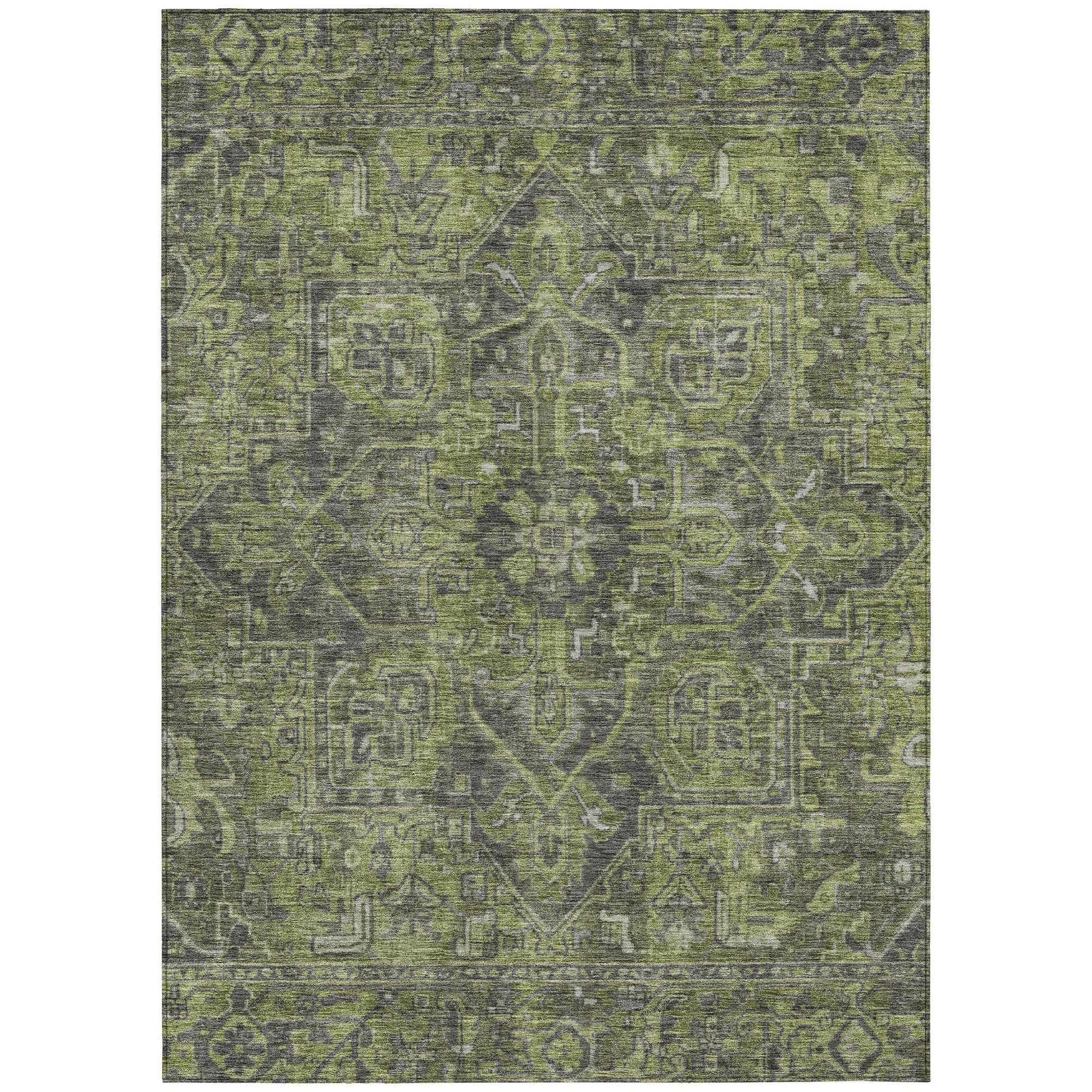 Machine Washable Green Rug - Indoor / Outdoor - Kids / Pet Friendly Oriental Print Rug