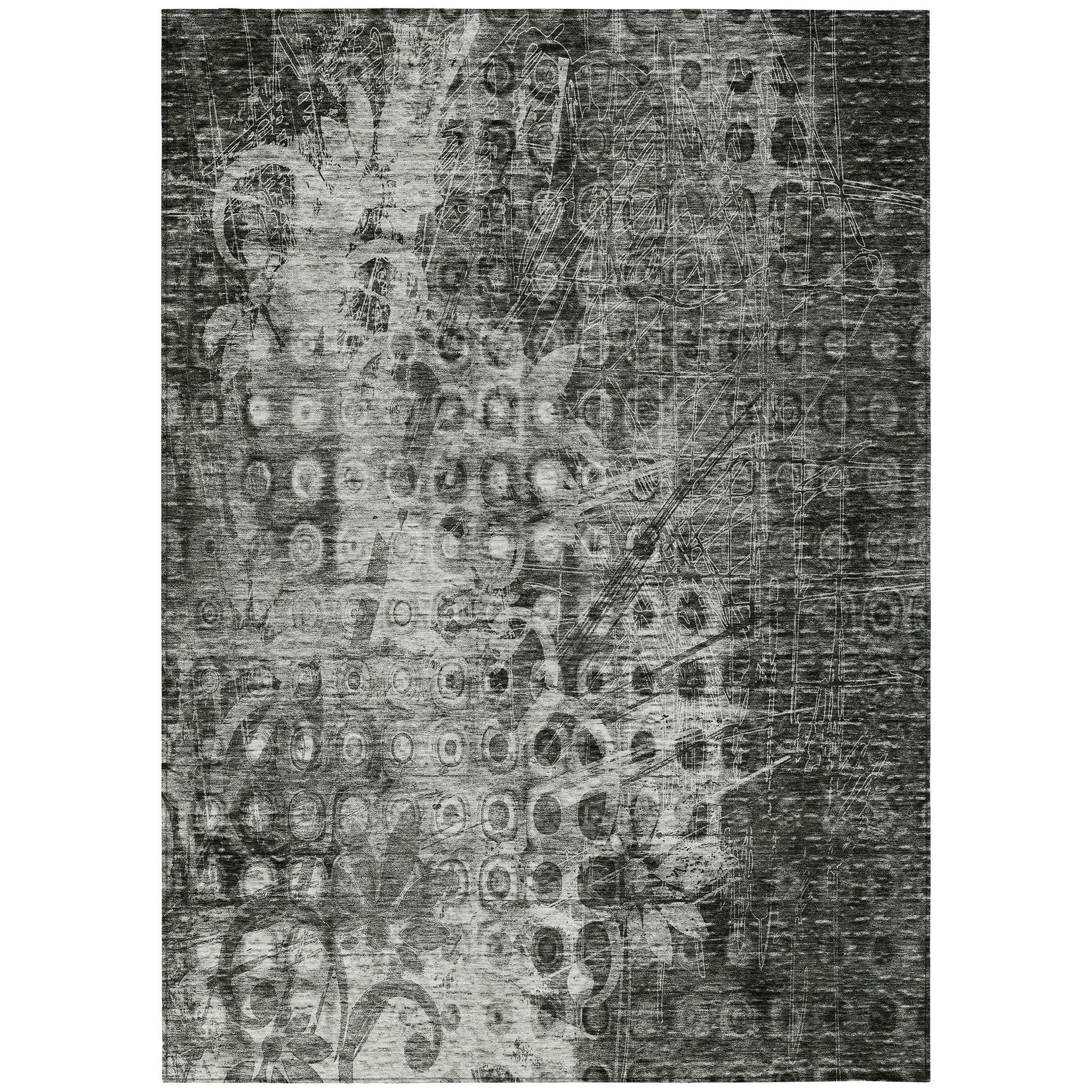 Machine Washable Charcoal Gray Rug - Indoor / Outdoor - Kids / Pet Friendly Ikat Print Rug