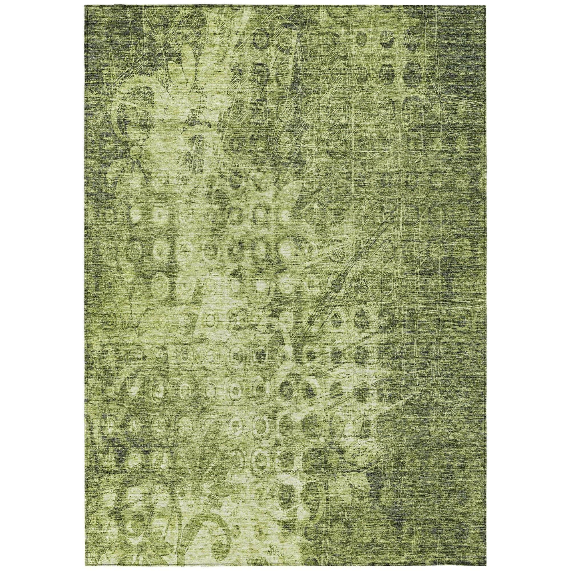 Machine Washable Olive Green Rug - Indoor / Outdoor - Kids / Pet Friendly Ikat Print Rug
