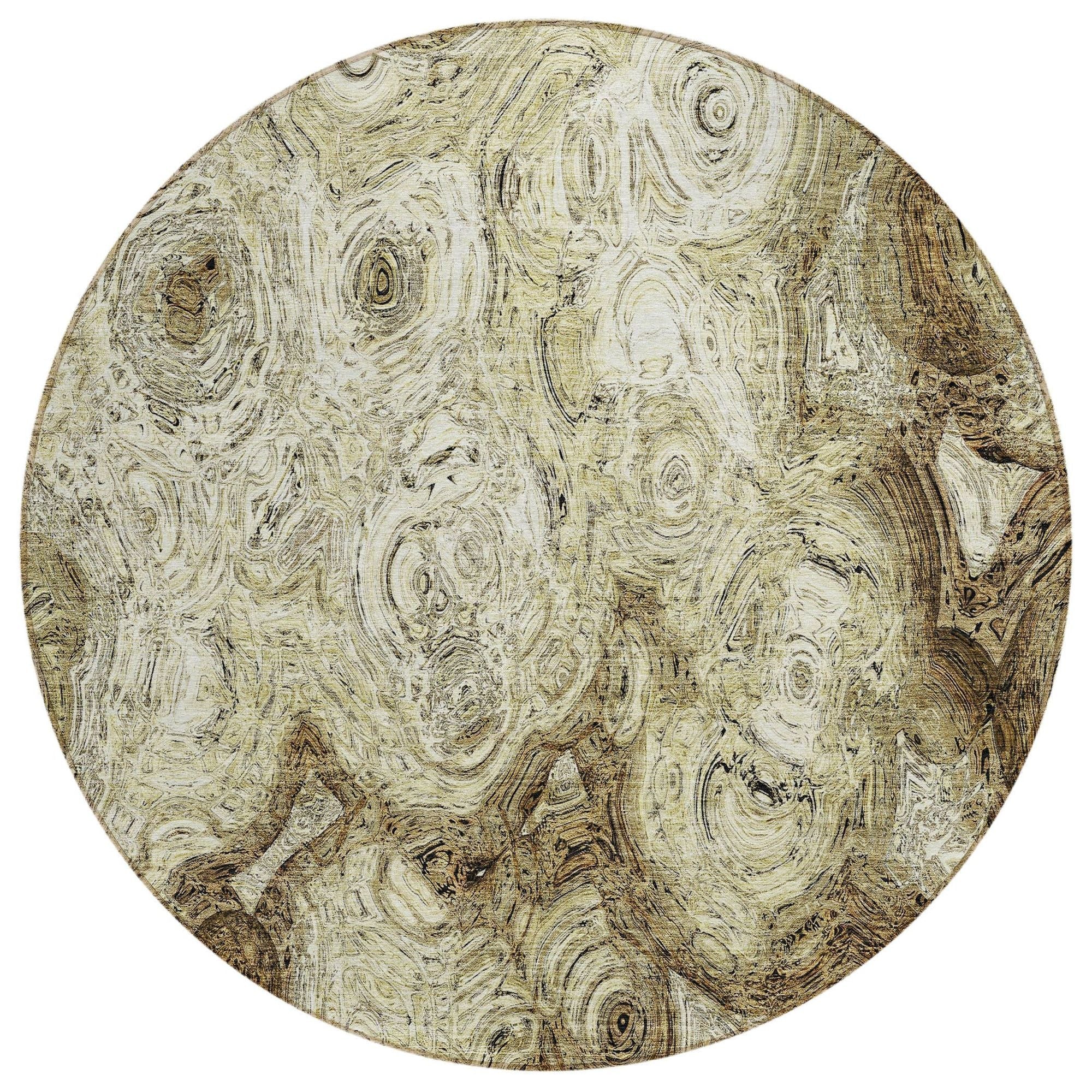 Machine Washable Beige Brown Rug - Indoor / Outdoor - Kids / Pet Friendly Circles Print Rug