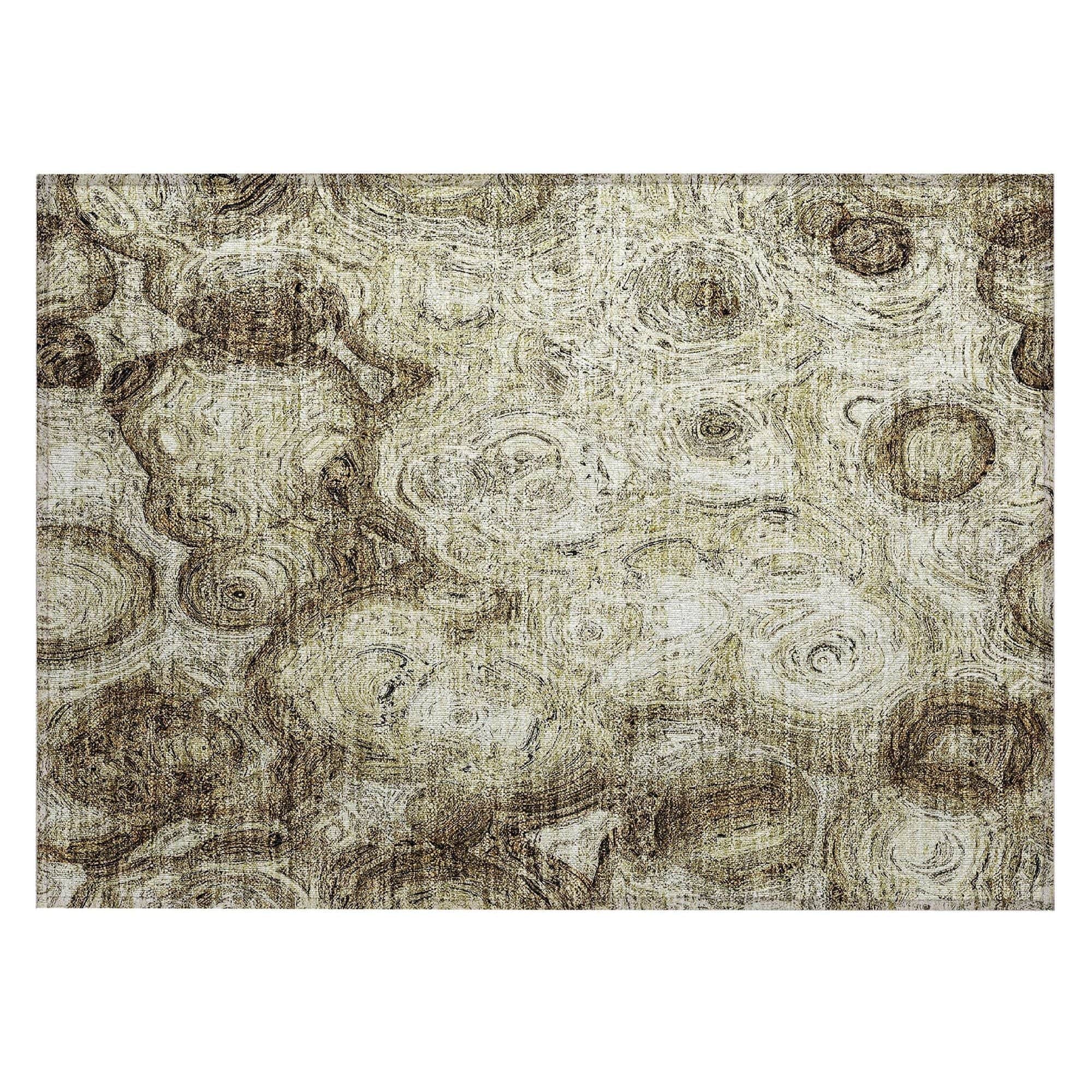Machine Washable Beige Brown Rug - Indoor / Outdoor - Kids / Pet Friendly Circles Print Rug
