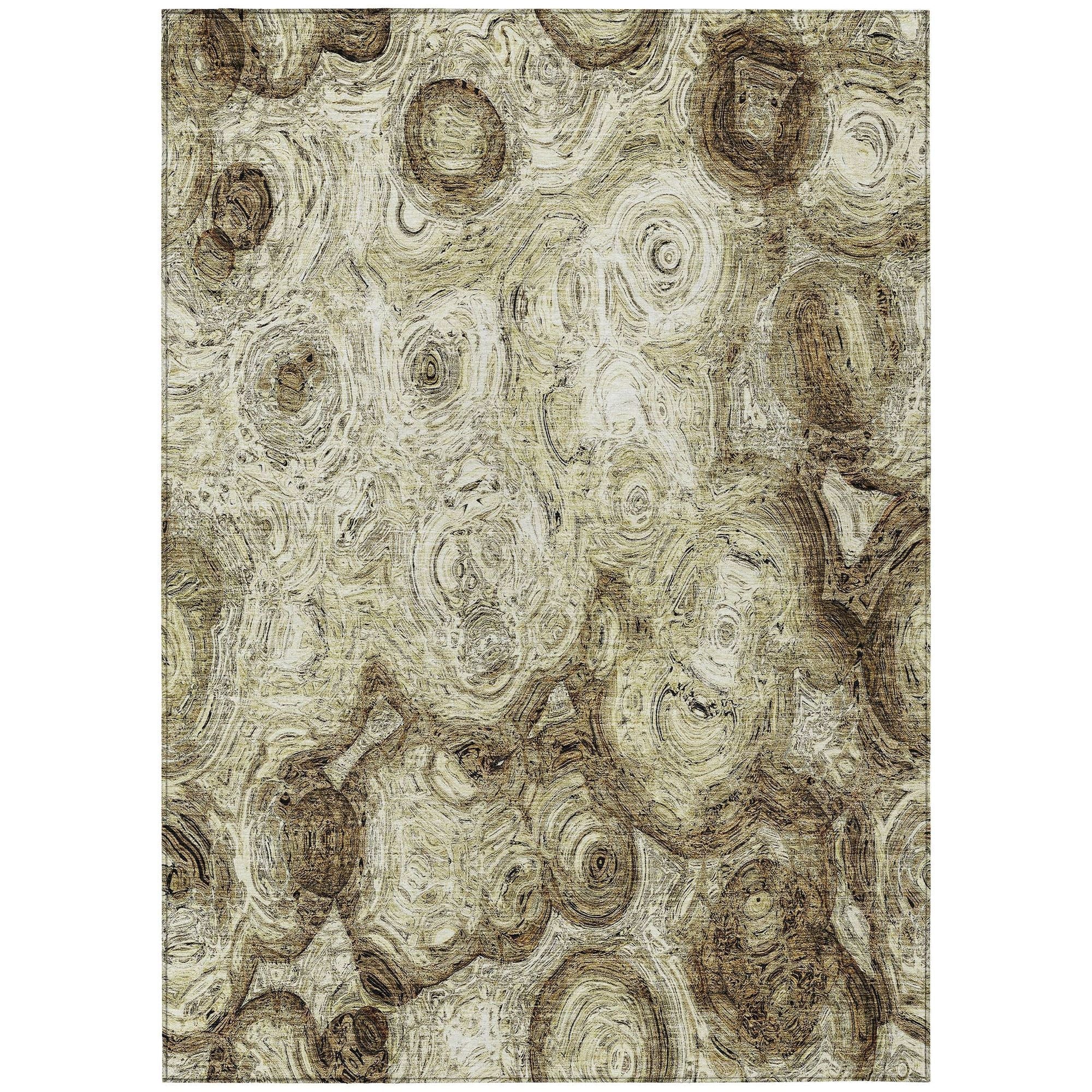 Machine Washable Beige Brown Rug - Indoor / Outdoor - Kids / Pet Friendly Circles Print Rug