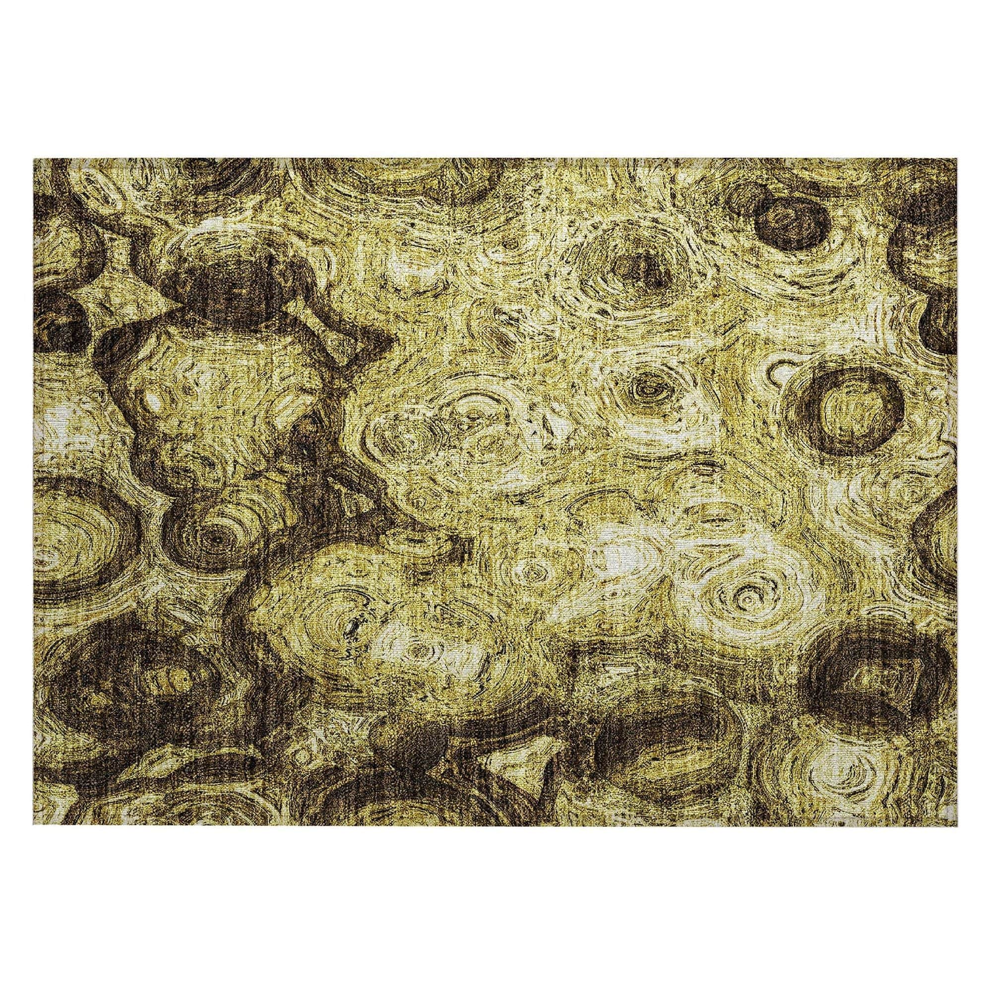 Machine Washable Gold Rug - Indoor / Outdoor - Kids / Pet Friendly Circles Print Rug