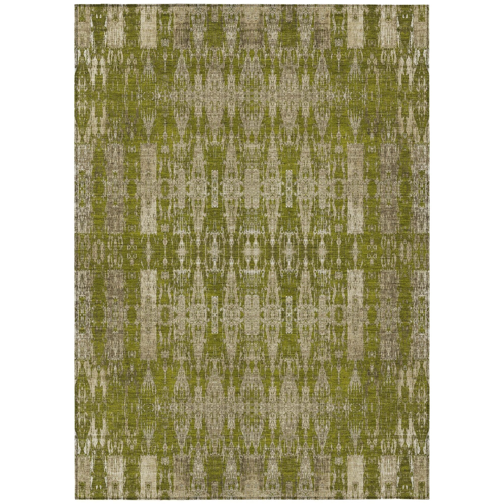 Machine Washable Olive Green Rug - Indoor / Outdoor - Kids / Pet Friendly Moroccan Print Rug