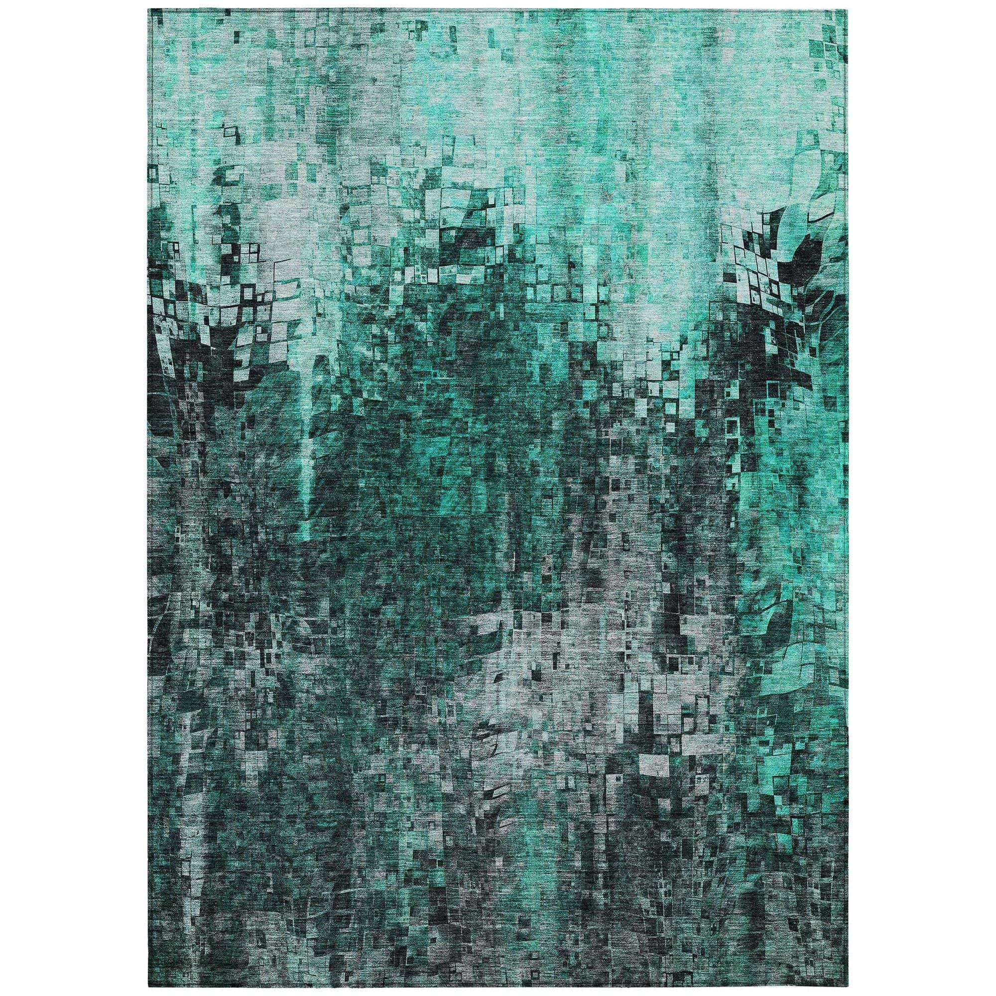 Machine Washable Teal Rug - Indoor / Outdoor - Kids / Pet Friendly Squares Print Rug